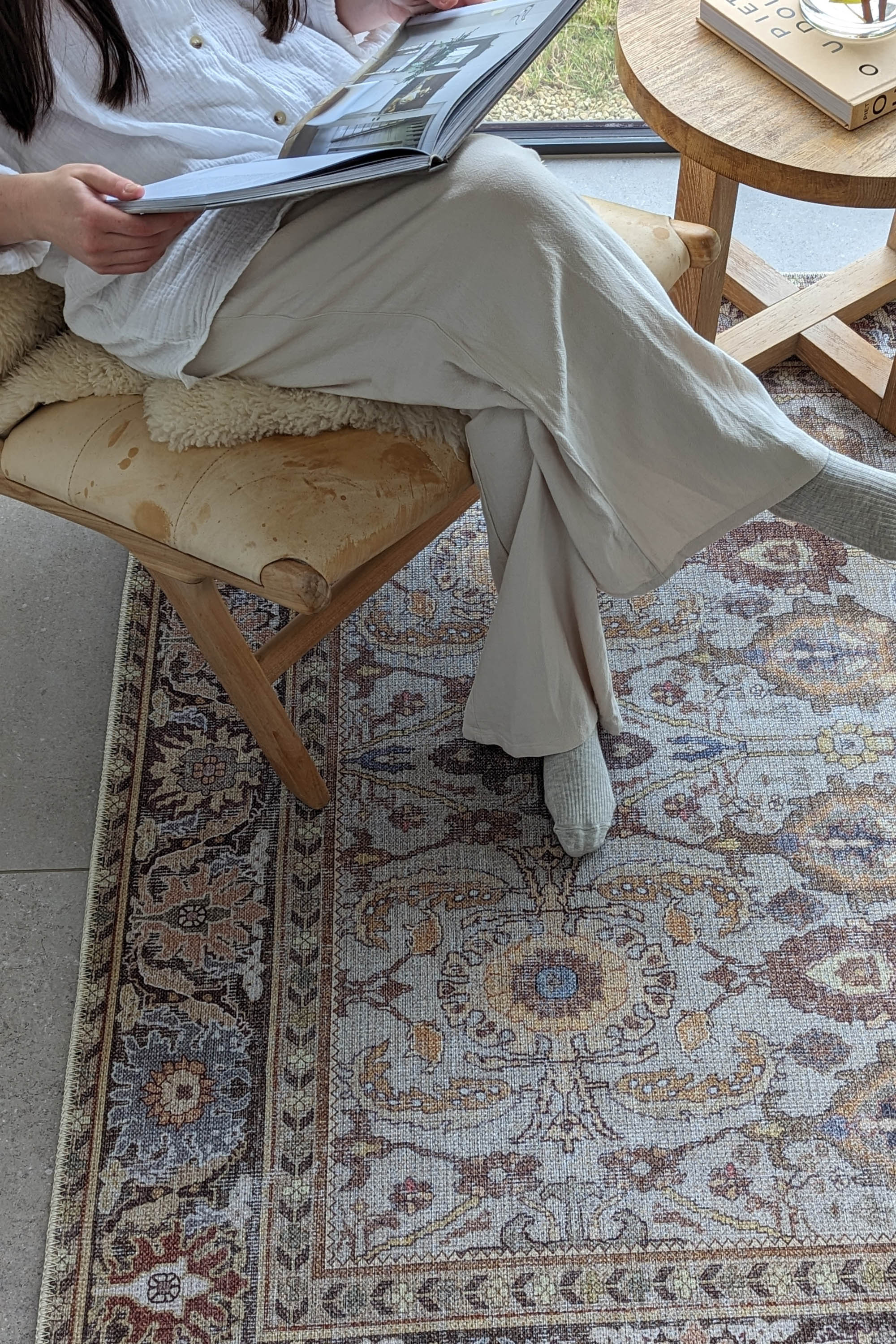 Vintage style Persian rug with bordered floral pattern