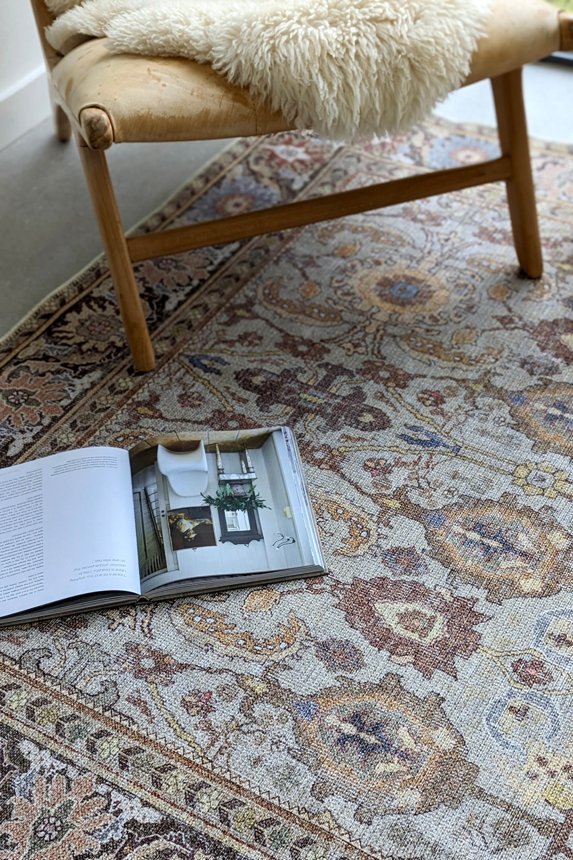 Vintage style Persian rug with bordered floral pattern