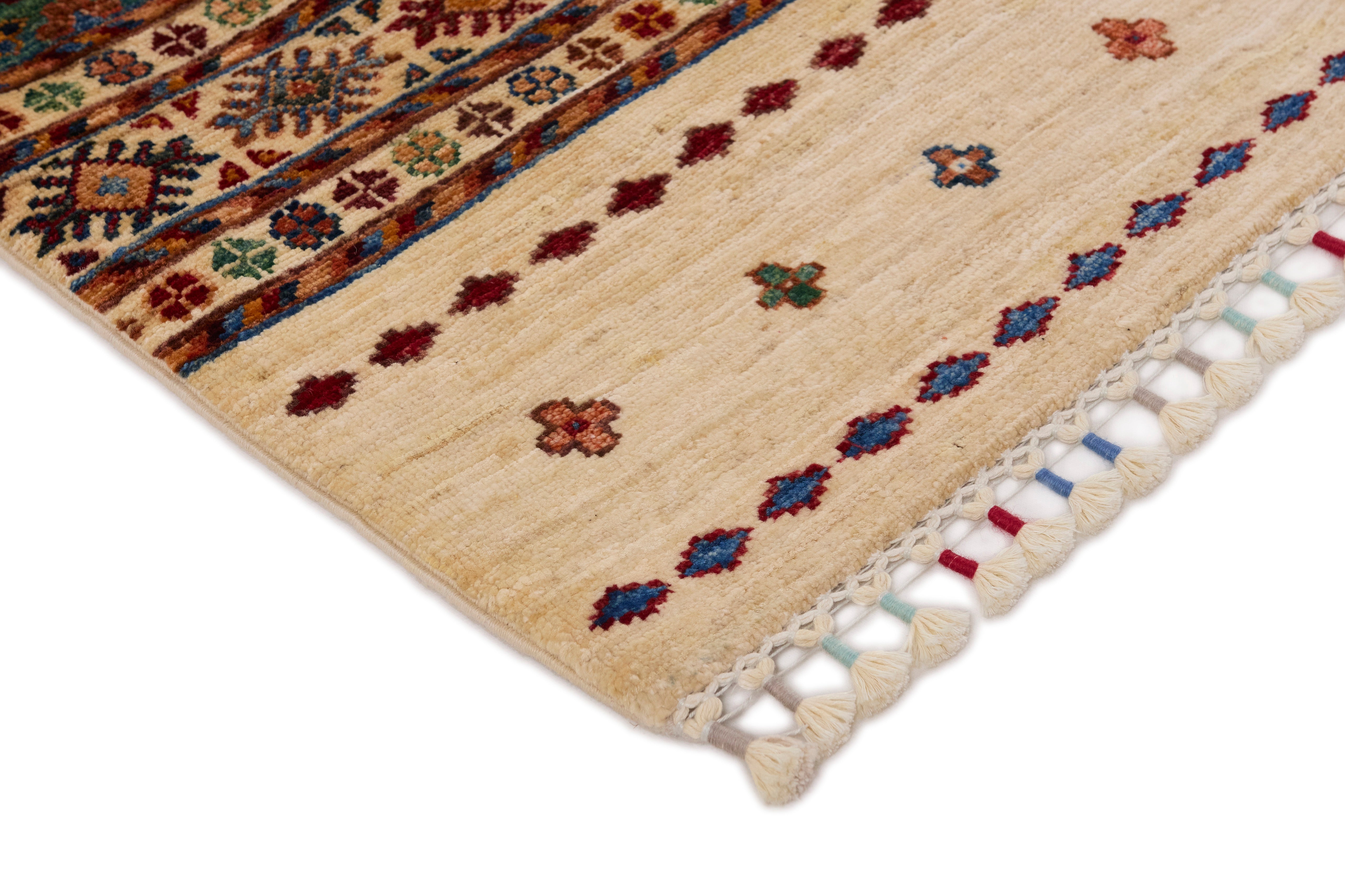 Authentic oriental Shall collection rug with traditional tile pattern in multicolour.