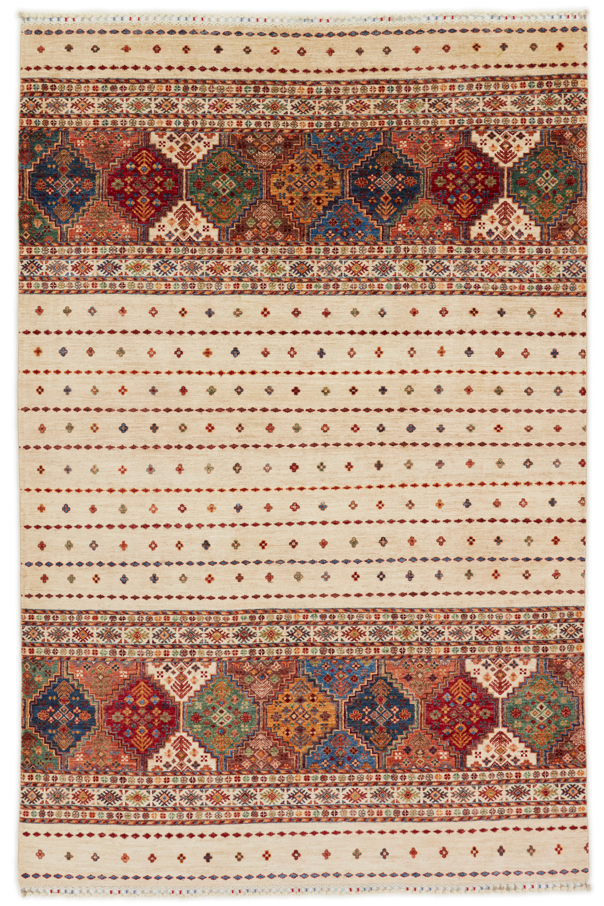 Authentic oriental Shall collection rug with traditional tile pattern in multicolour.