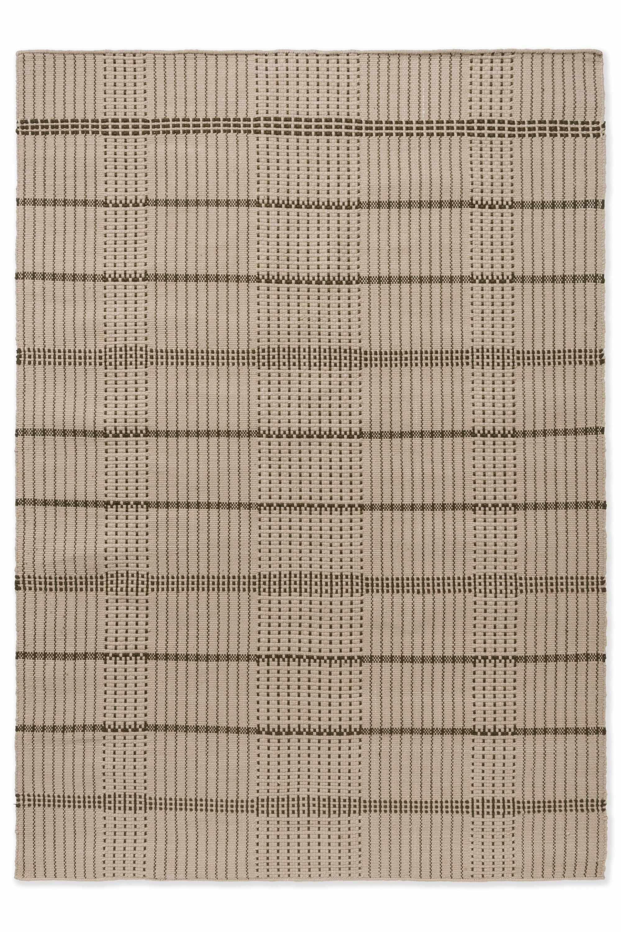 Modern beige geometric rug with olive pattern