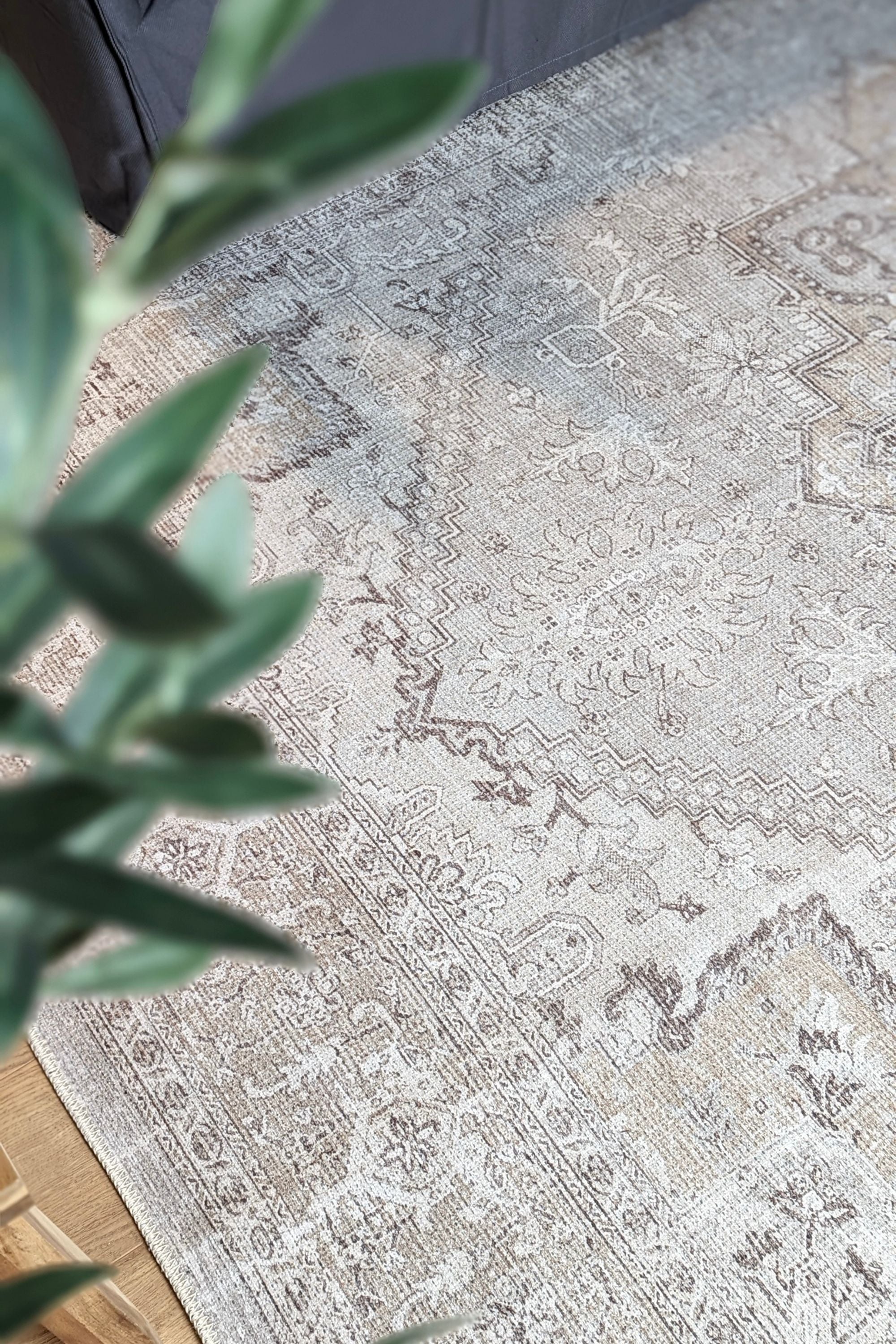 Brown bordered vintage style rug