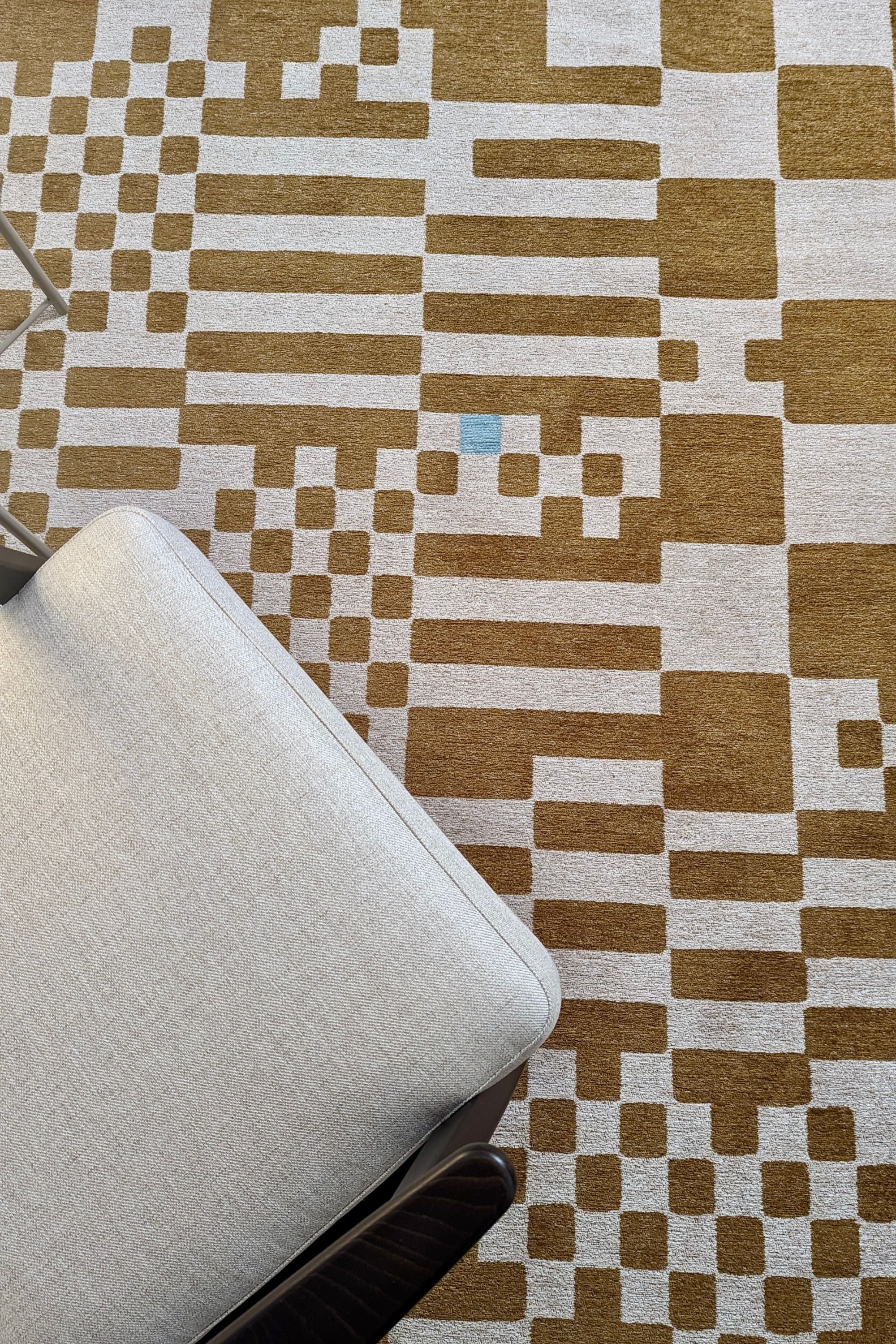 Abstract geometric rug with yellow, green, and white tones
