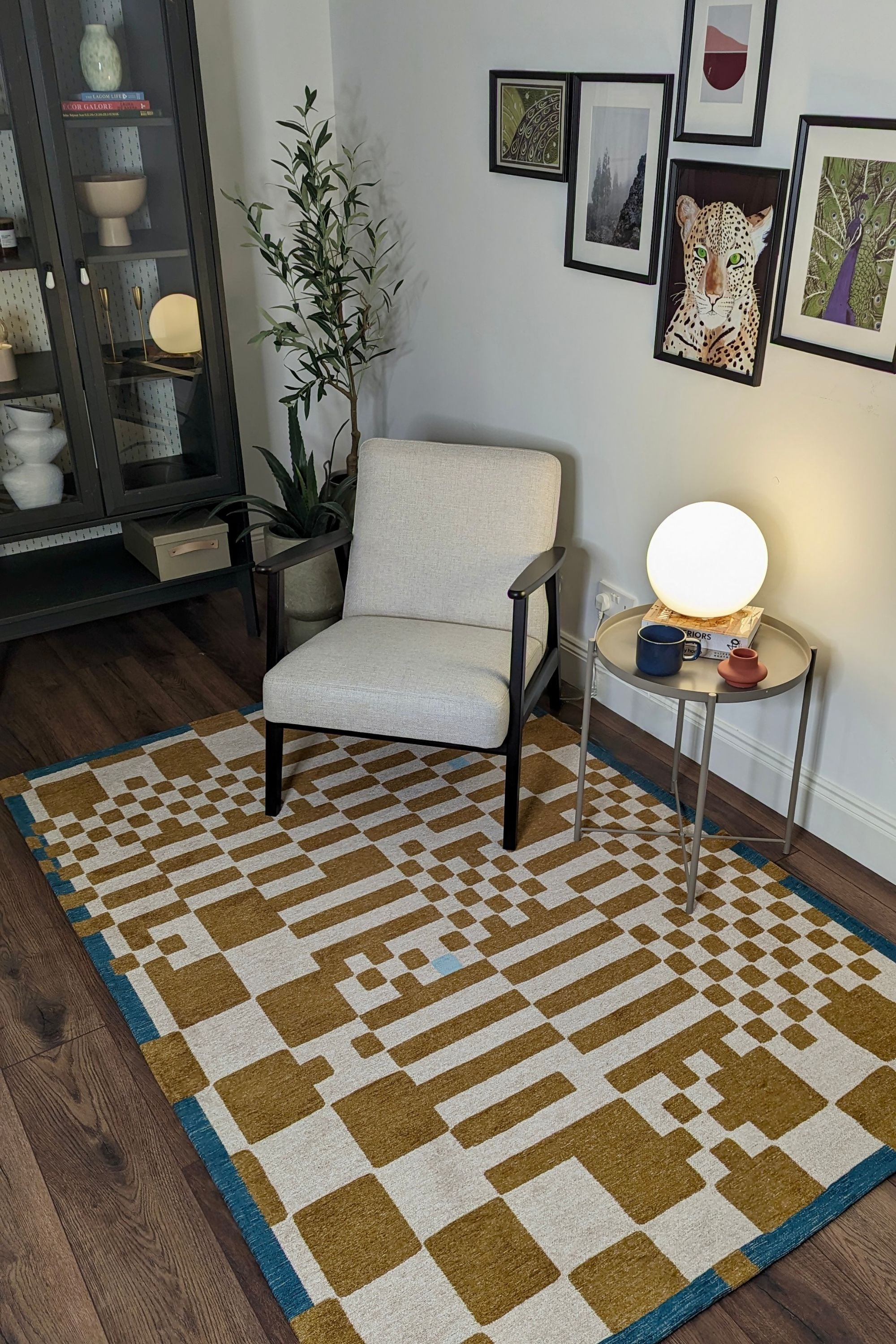 Abstract geometric rug with yellow, green, and white tones