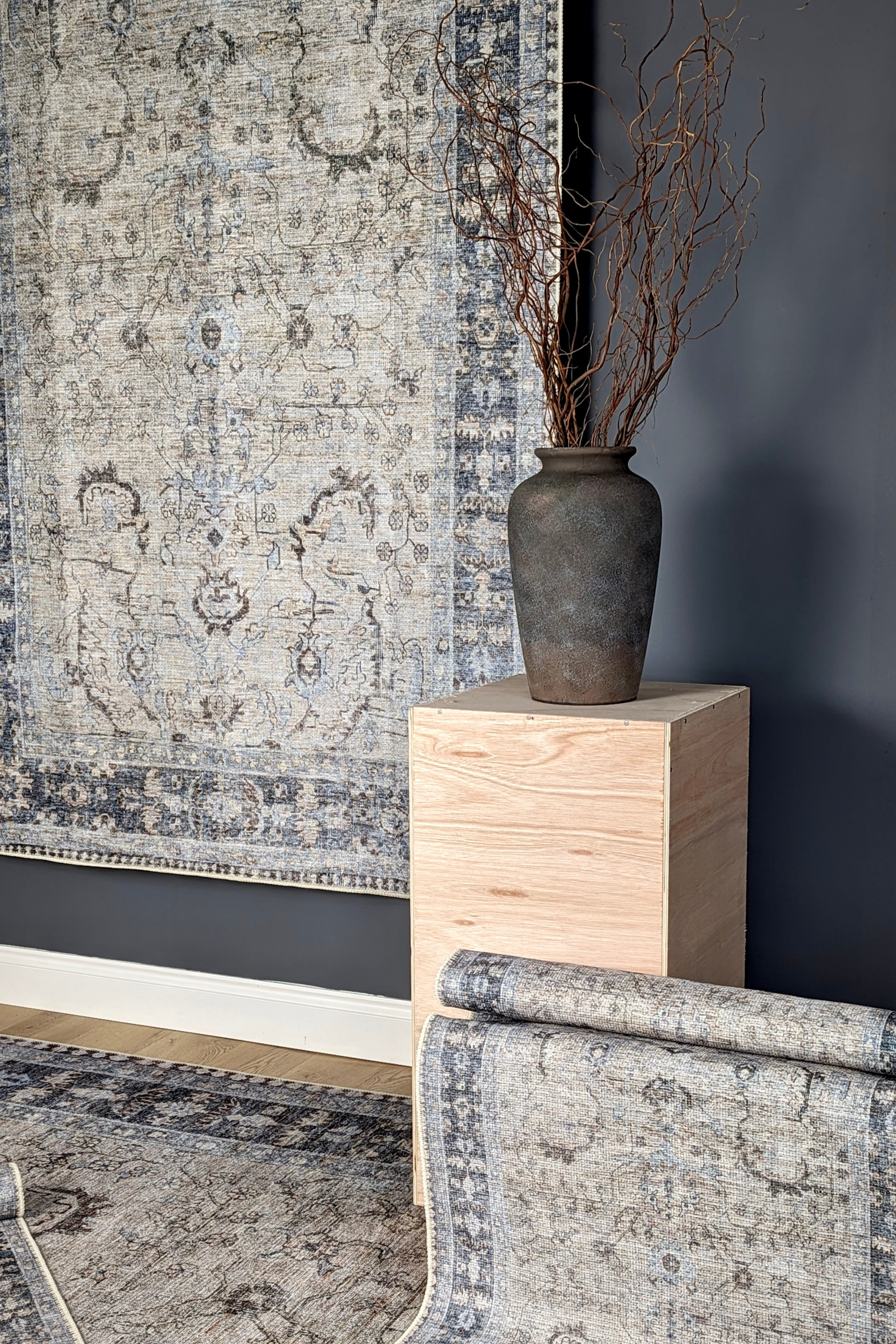 Vintage style Persian rug with bordered pattern