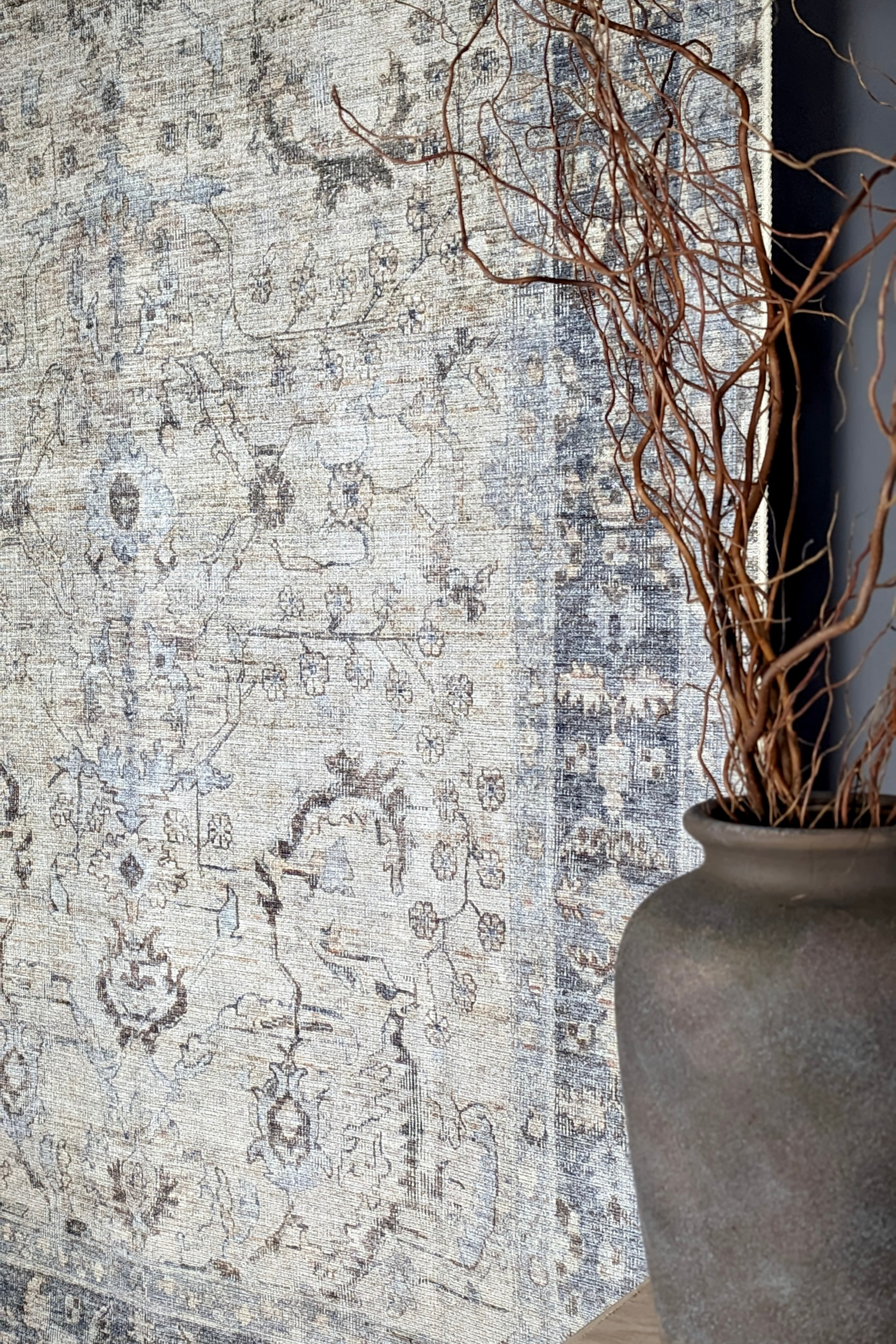 Vintage style Persian rug with bordered pattern