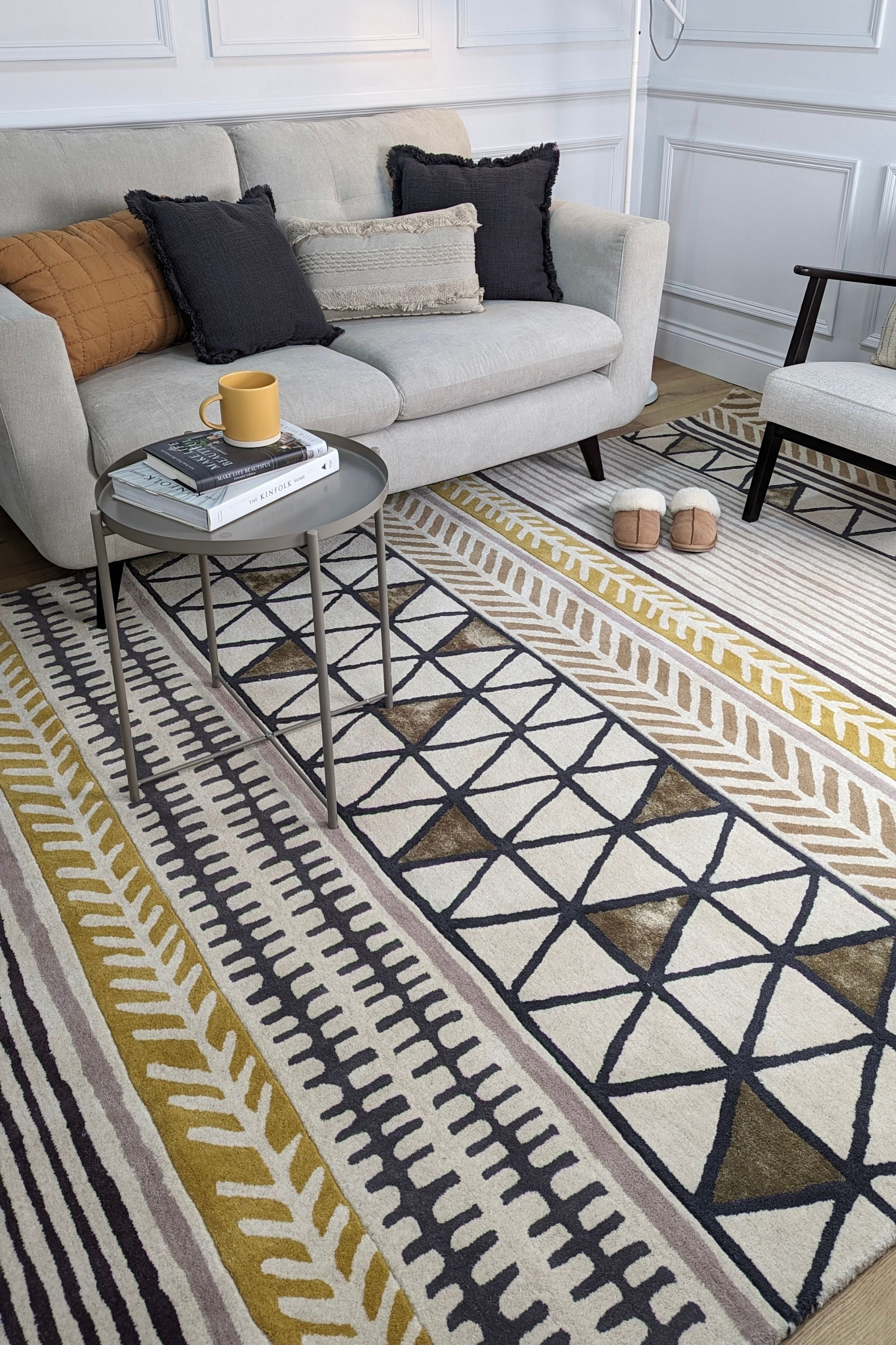 Quirky ethnic inspired pattern in yellow, taupe, cream and grey