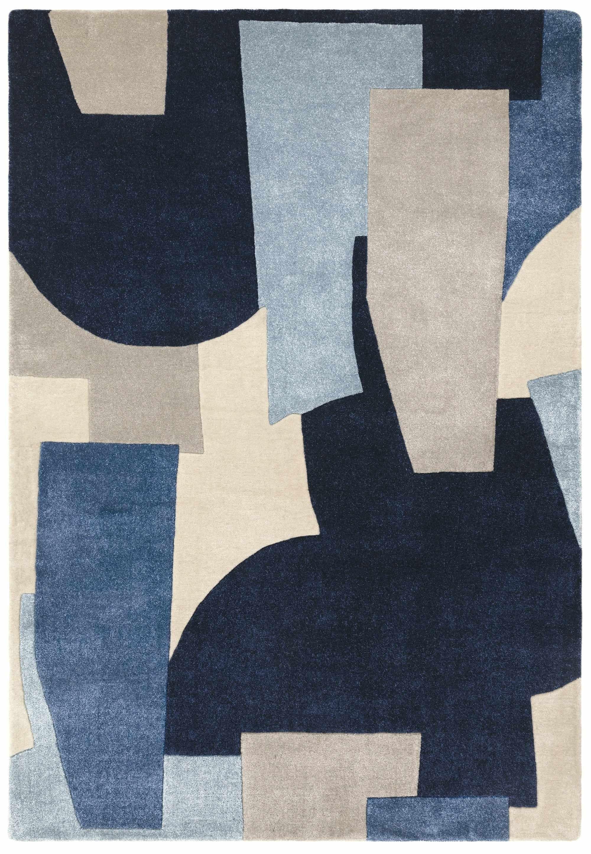 Multicolour rug with abstract pattern in blue, grey, and cream tones