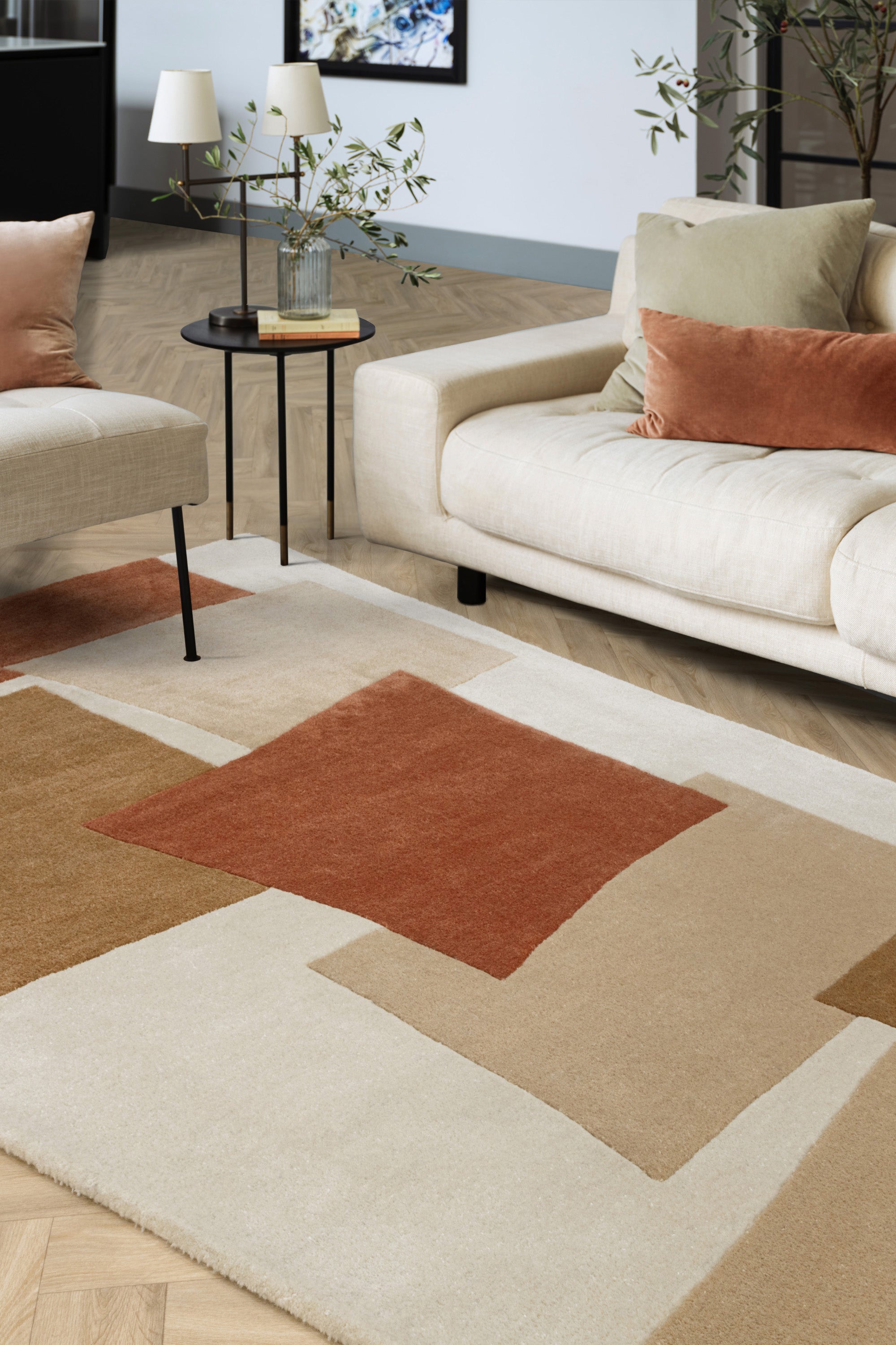 Red rug with an abstract rectangular pattern