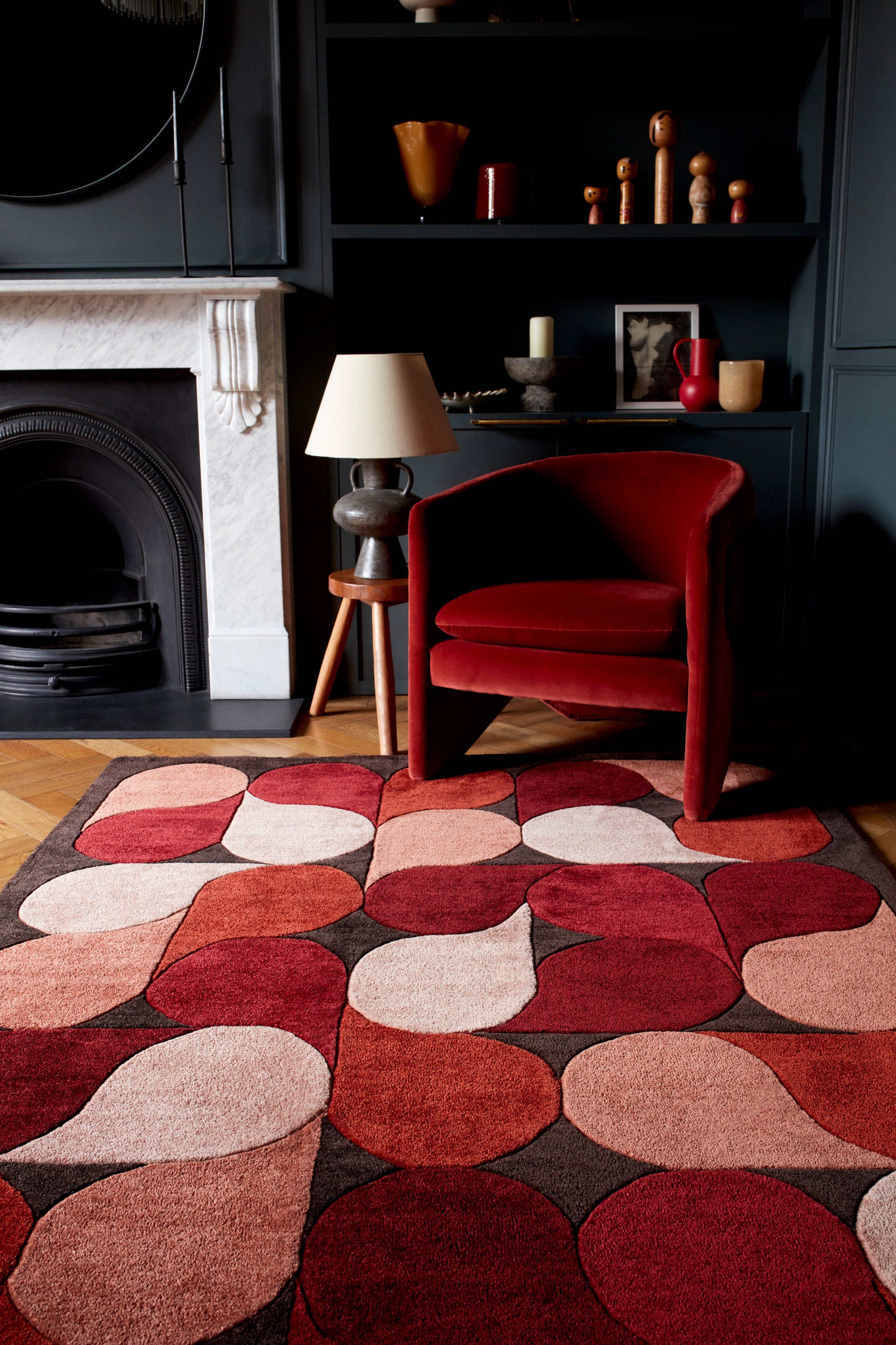 Red rug with an abstract pattern