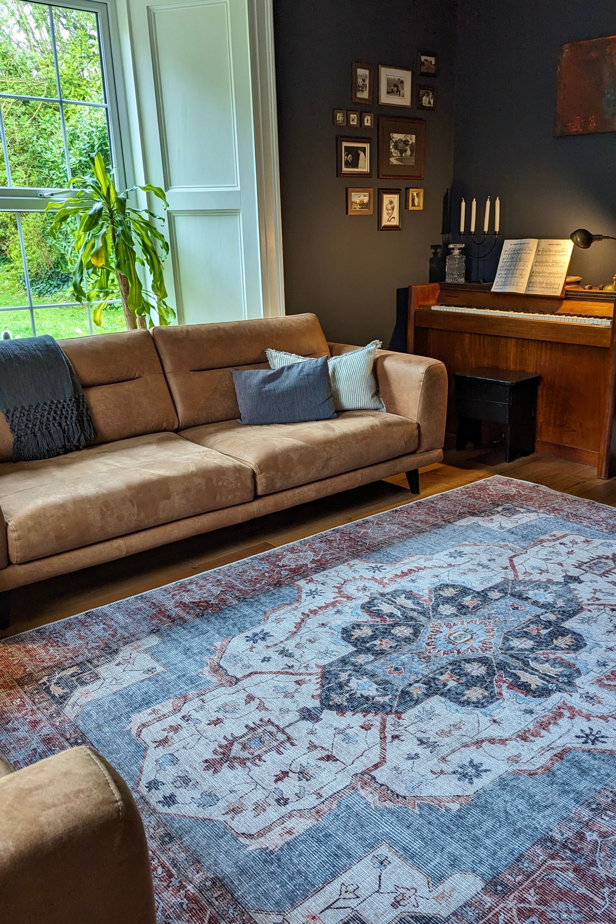 Bordered red and blue vintage style rug