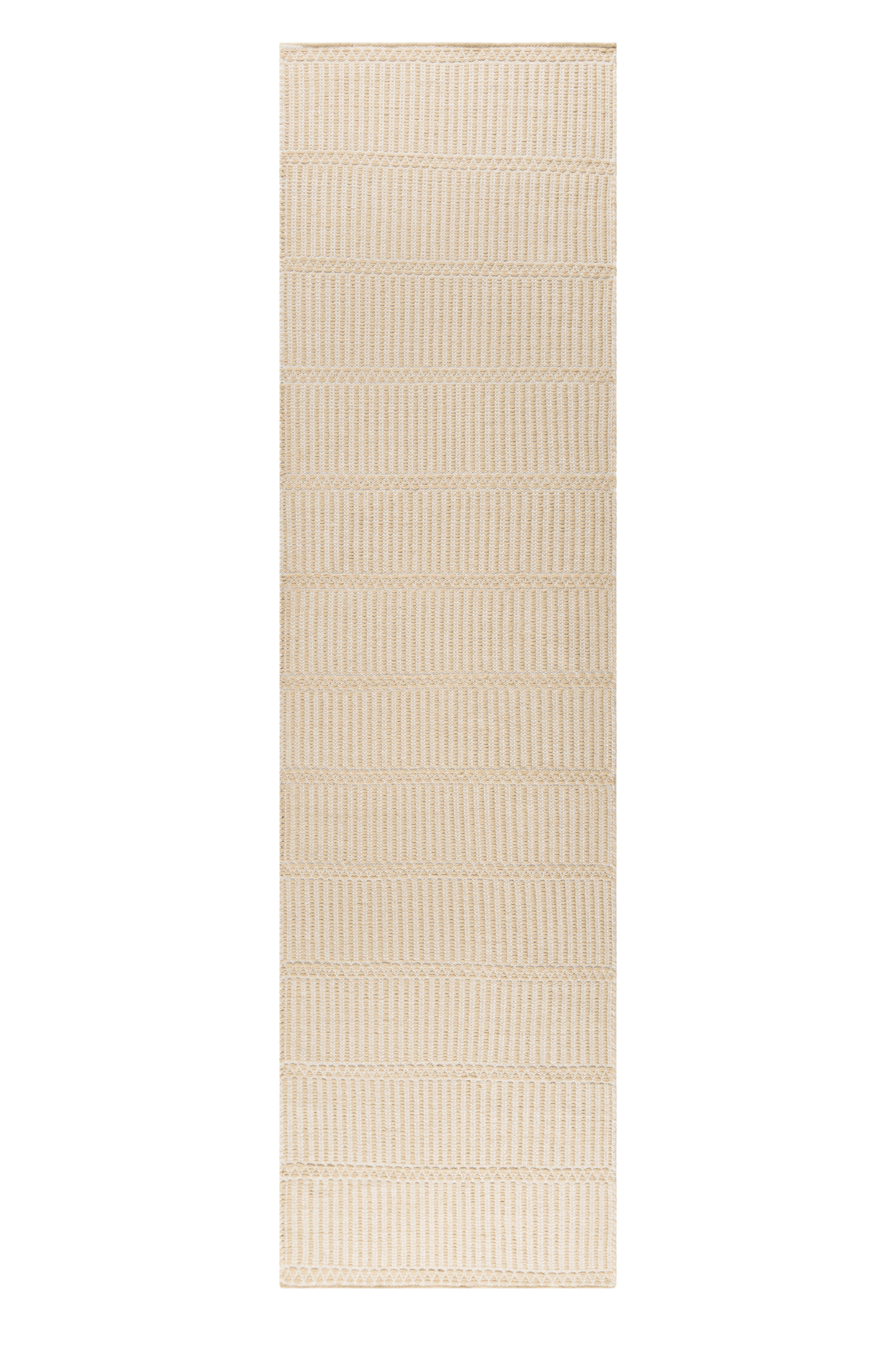 wool and cotton runner rug in a golden straw tone featuring a design inspired by ancient irish script