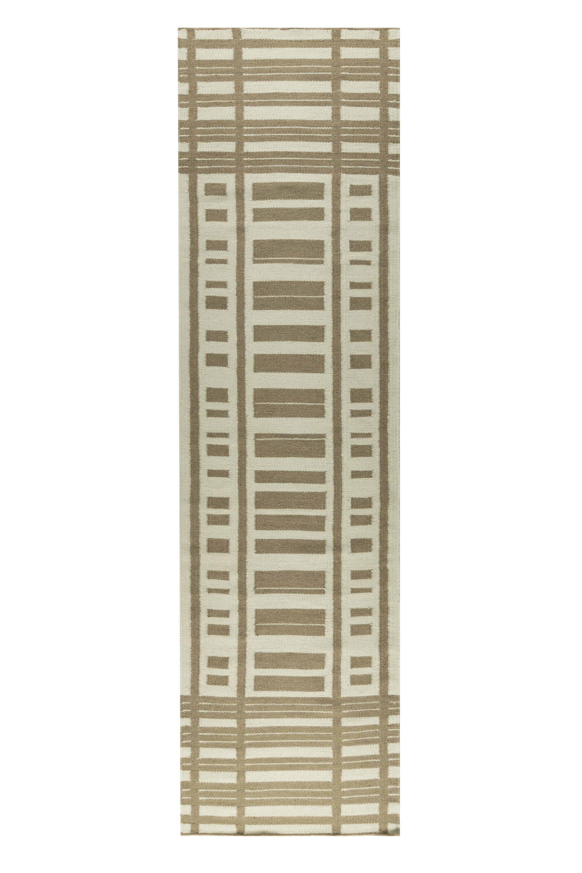 Tonal green wool and cotton runner rug featuring a contrasting linear pattern