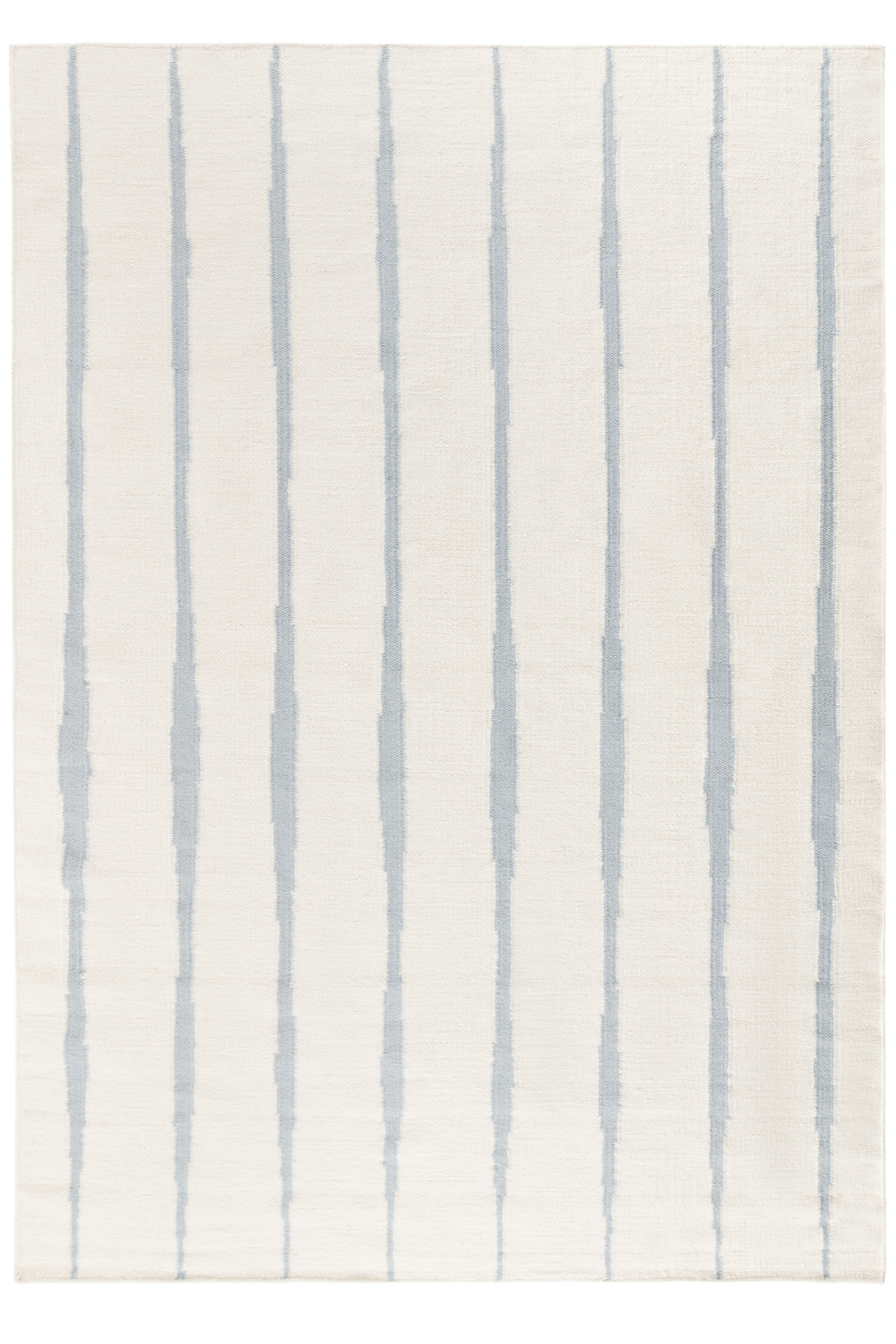 Neutral ivory wool and cotton flatweave rug featuring blue ripple linear lines