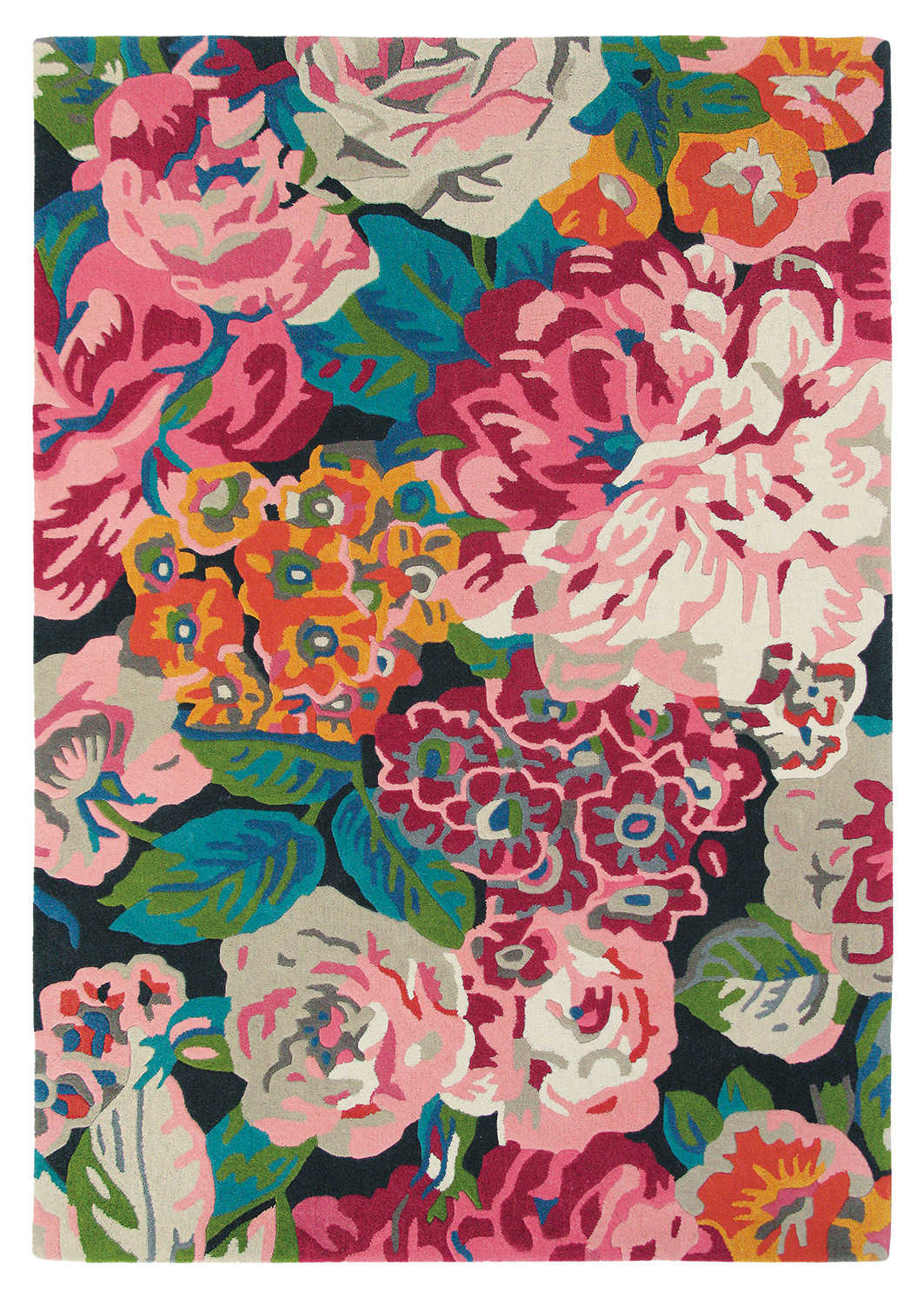Rectangular rug with illustrated peony and rose design in pink, orange, green and black