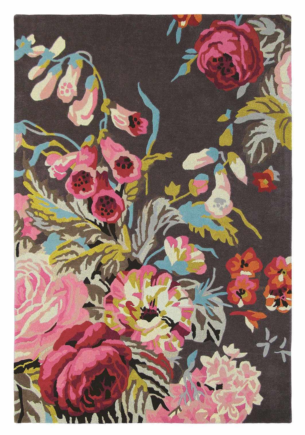 Rectangular grey rug with floral rose and leaf illustrations in grey, pink, green and blue