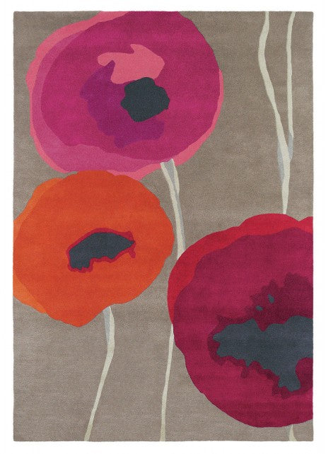 Brown floral rug with pink, red, and orange poppies