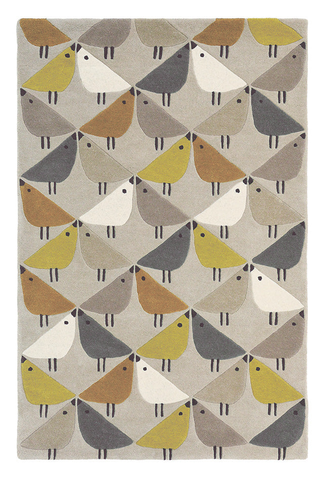 Beige rectangular rug decorated with a repeating bird pattern in brown, green, taupe and white