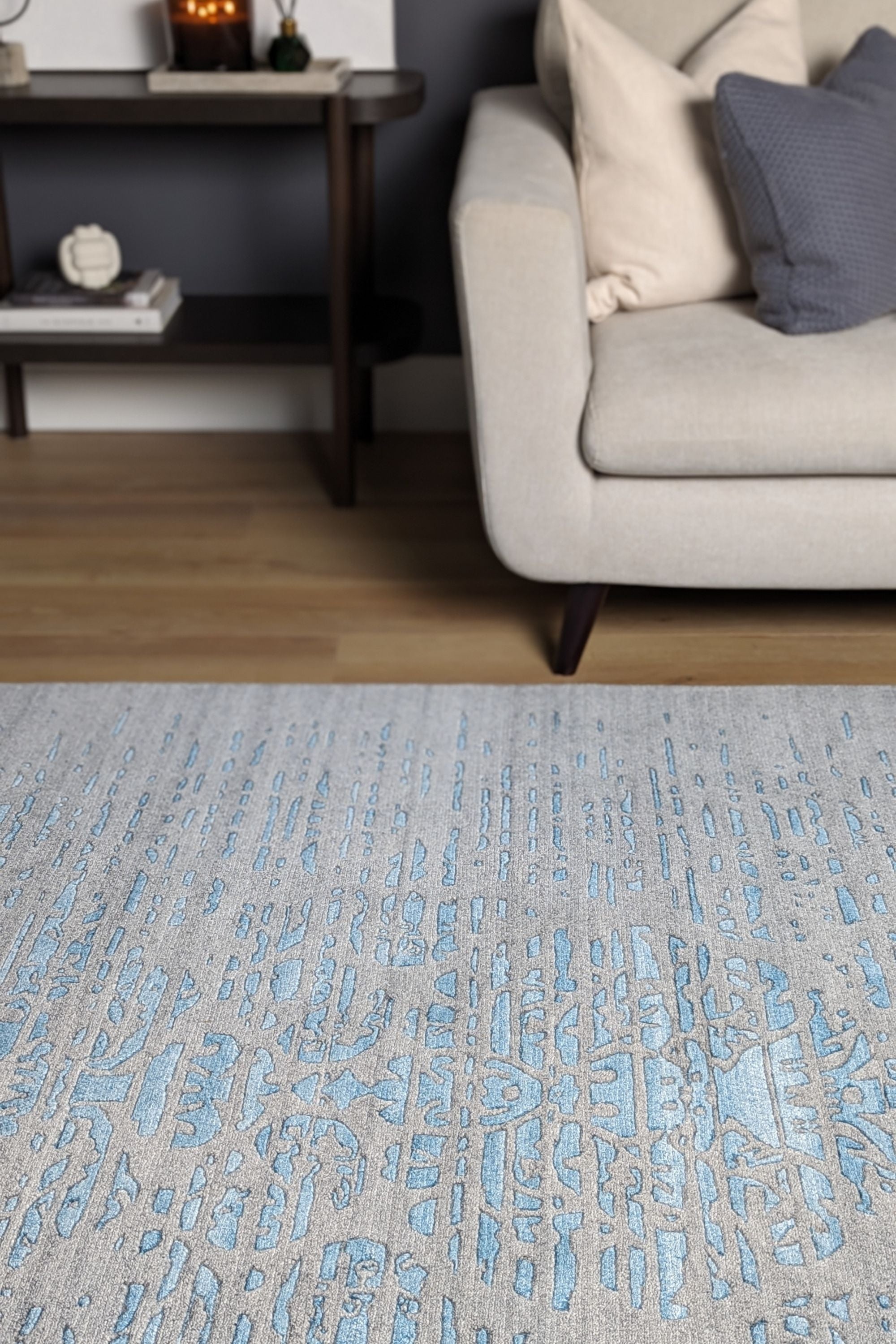 large area rug with abstract damask design in blue
