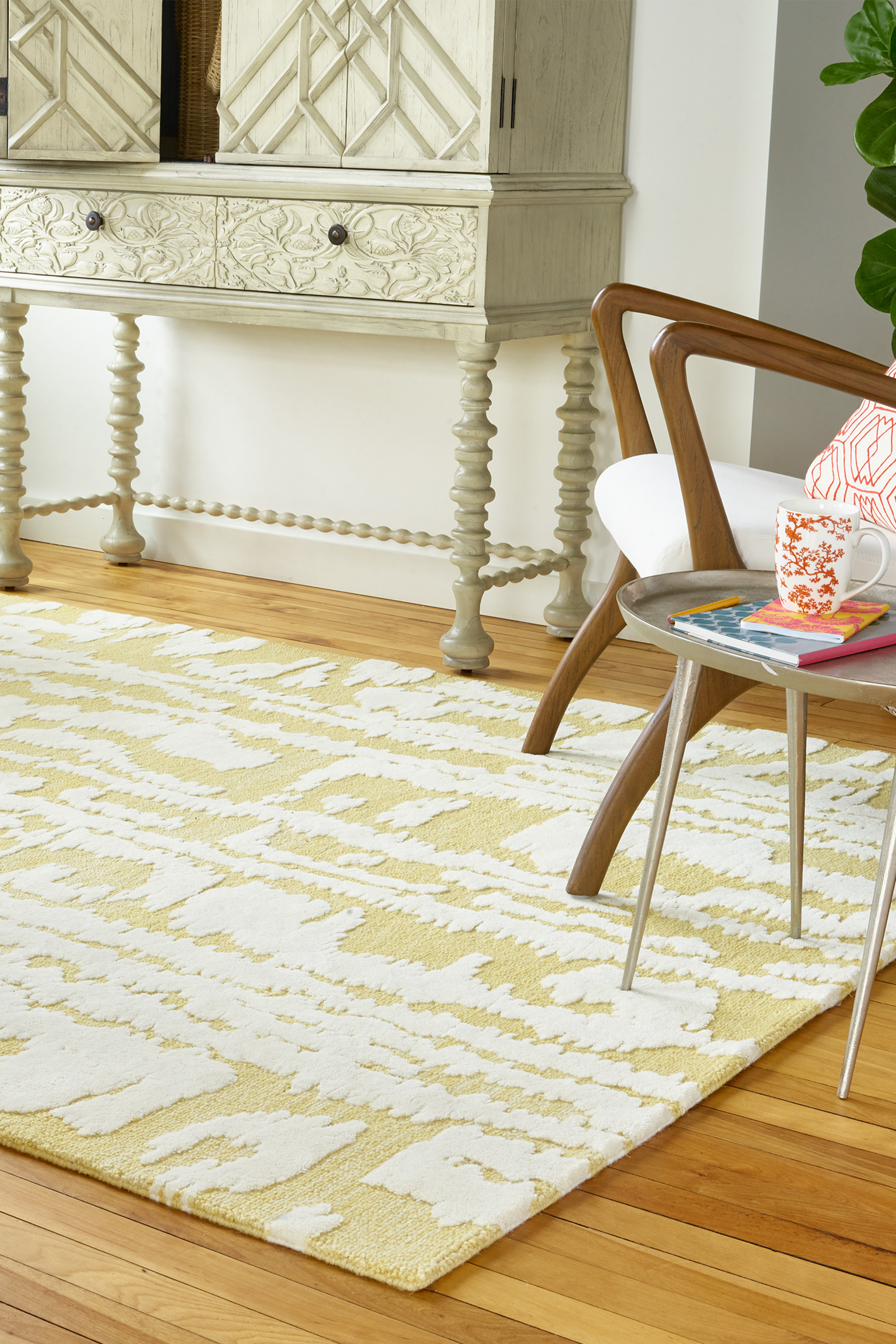 Yellow and ivory abstract stripe wool rug