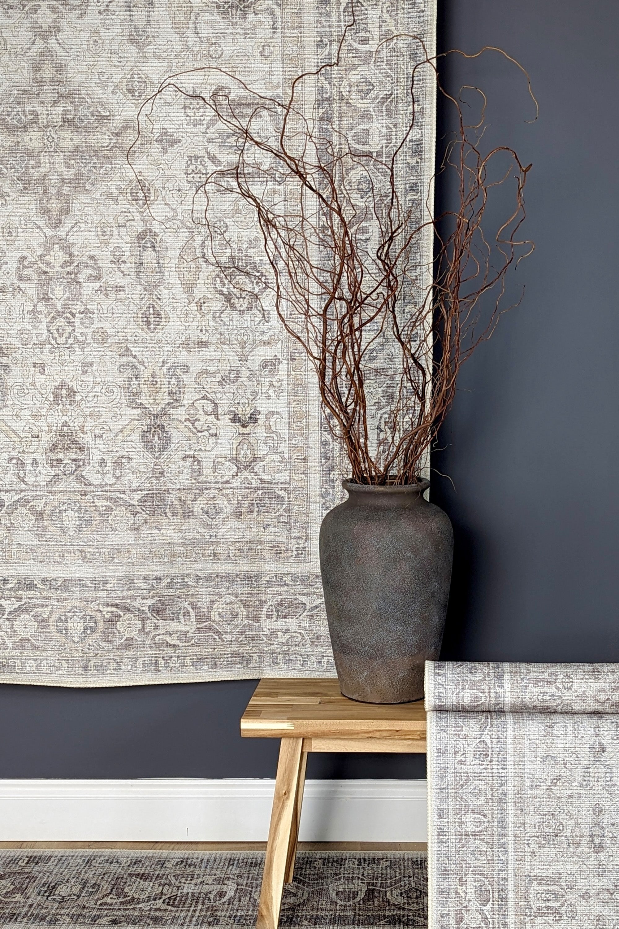 Bordered grey vintage style rug