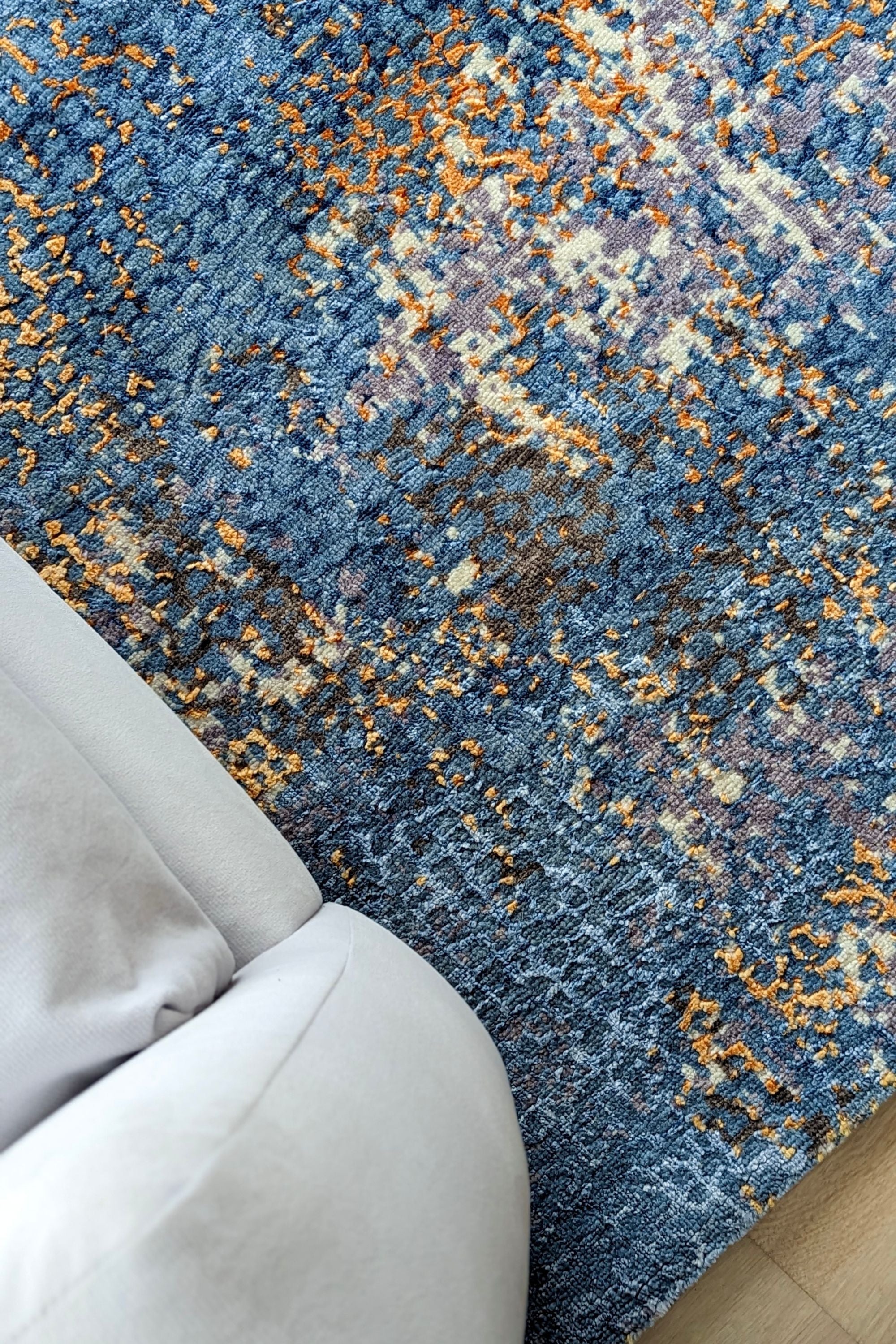 Abstract blue, orange, purple and white wool rug