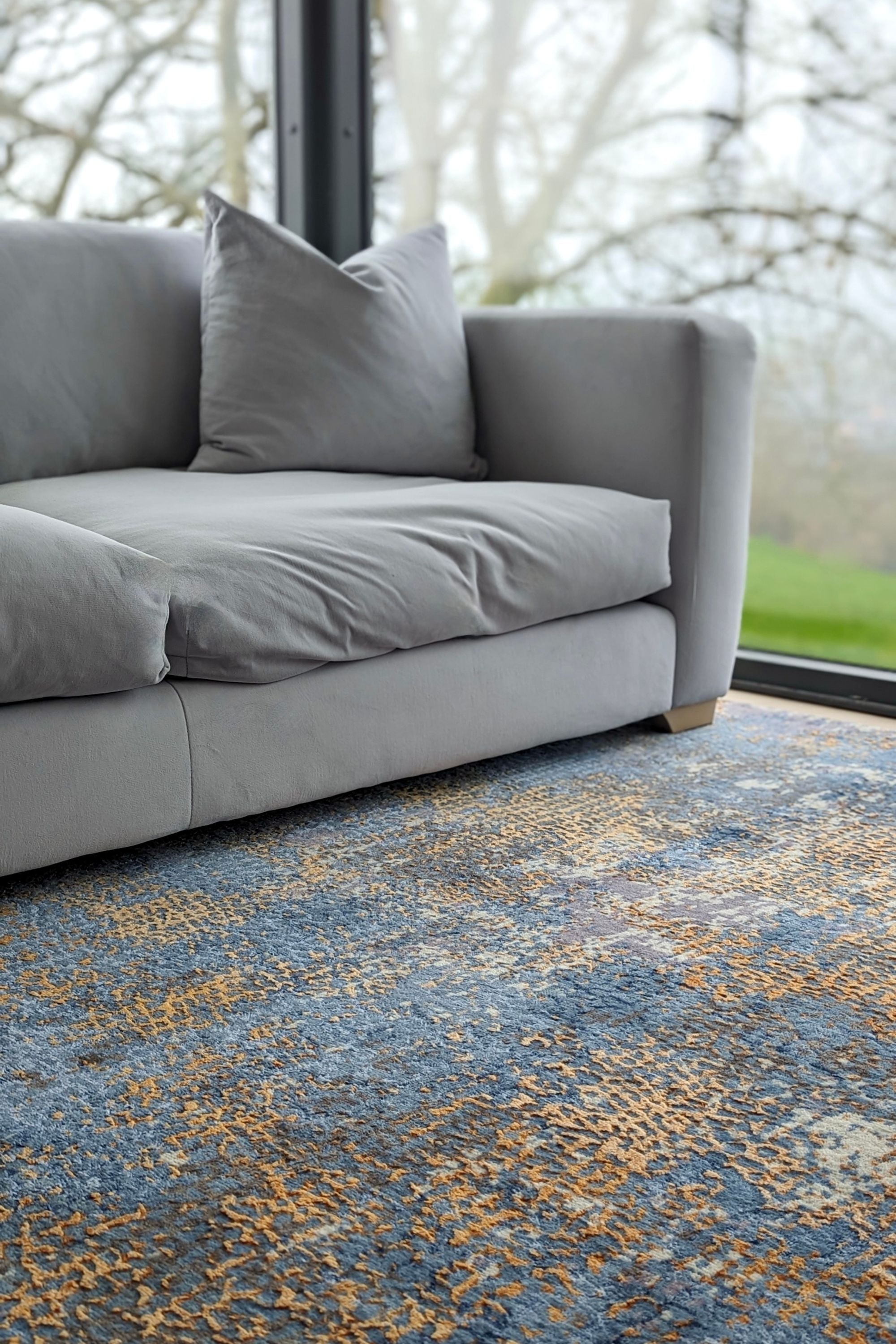 Abstract blue, orange, purple and white wool rug
