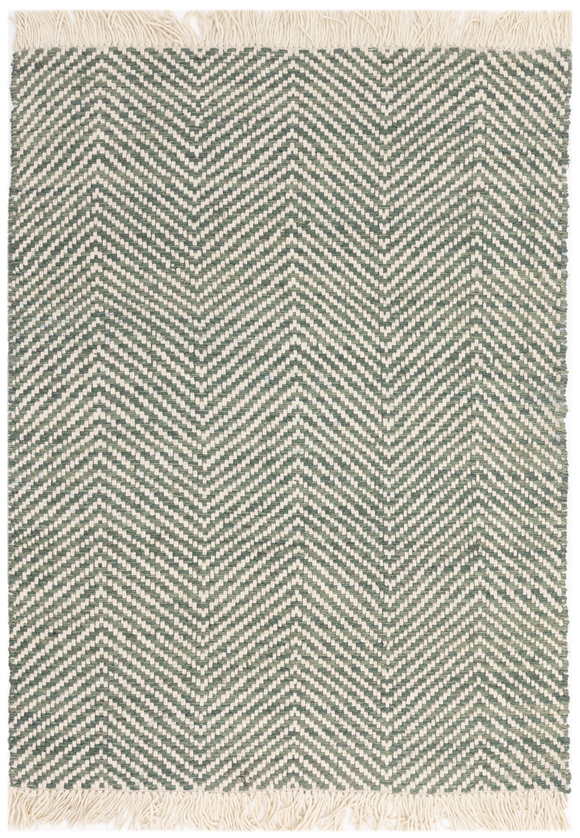 Textured woven rug with green and cream chevron pattern