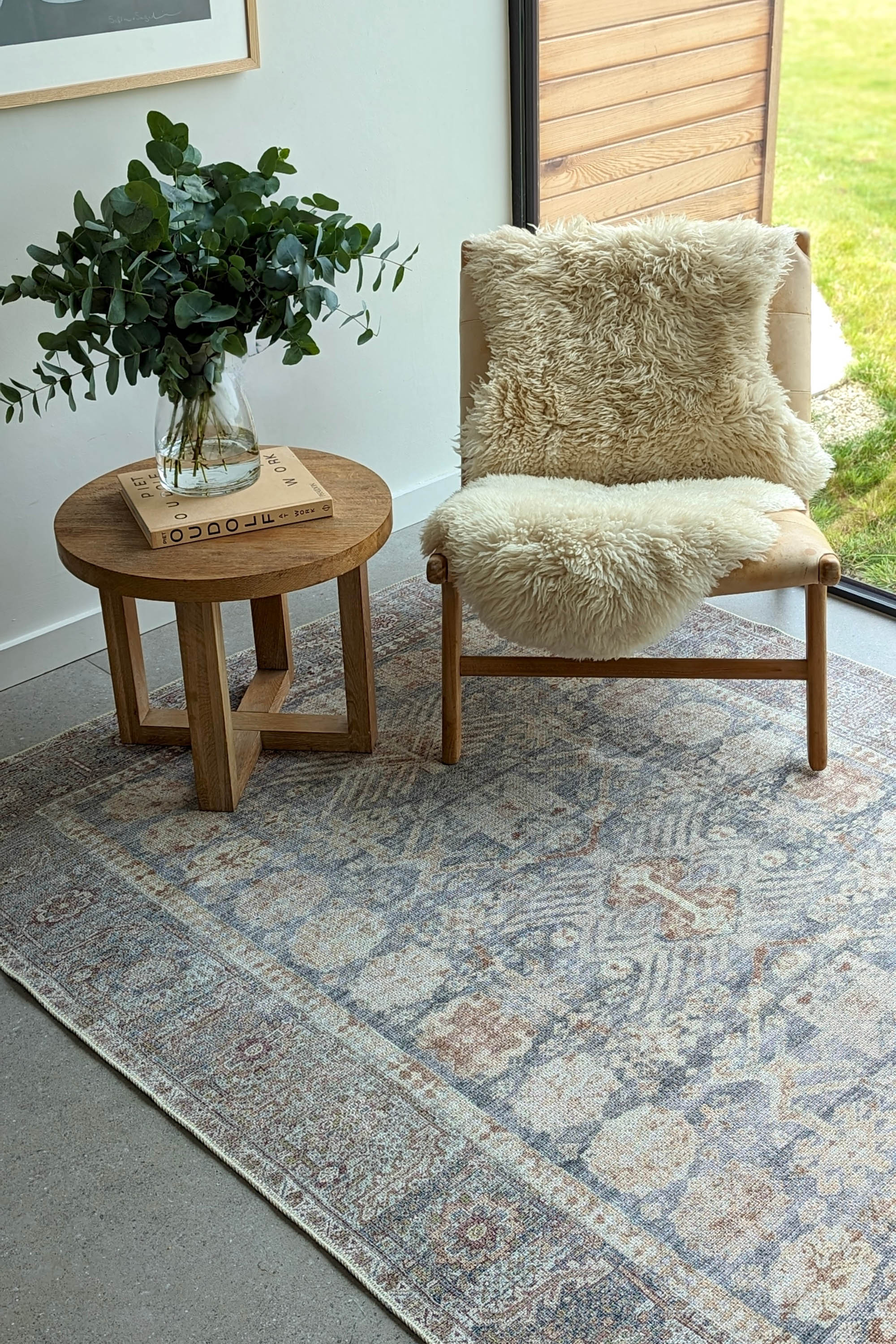 Vintage style Persian rug with bordered floral pattern