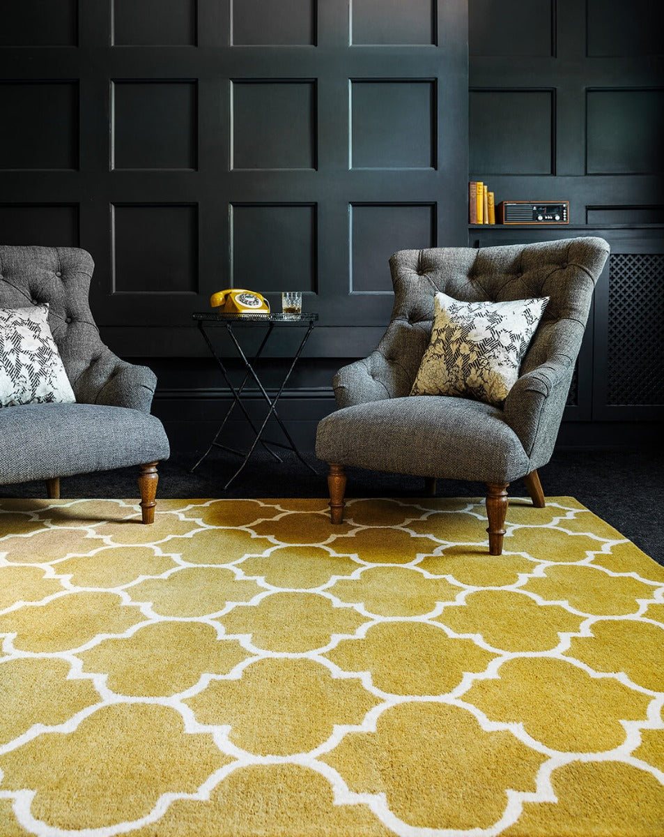 ogee ochre geometric rug with an ogee pattern