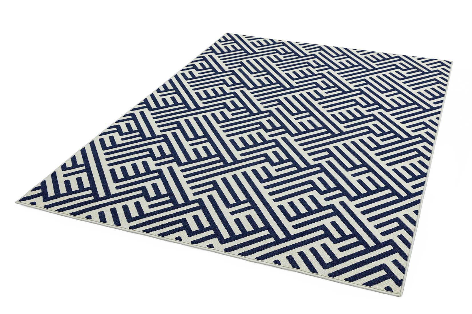 geometric indoor/outdoor rug in blue and white
