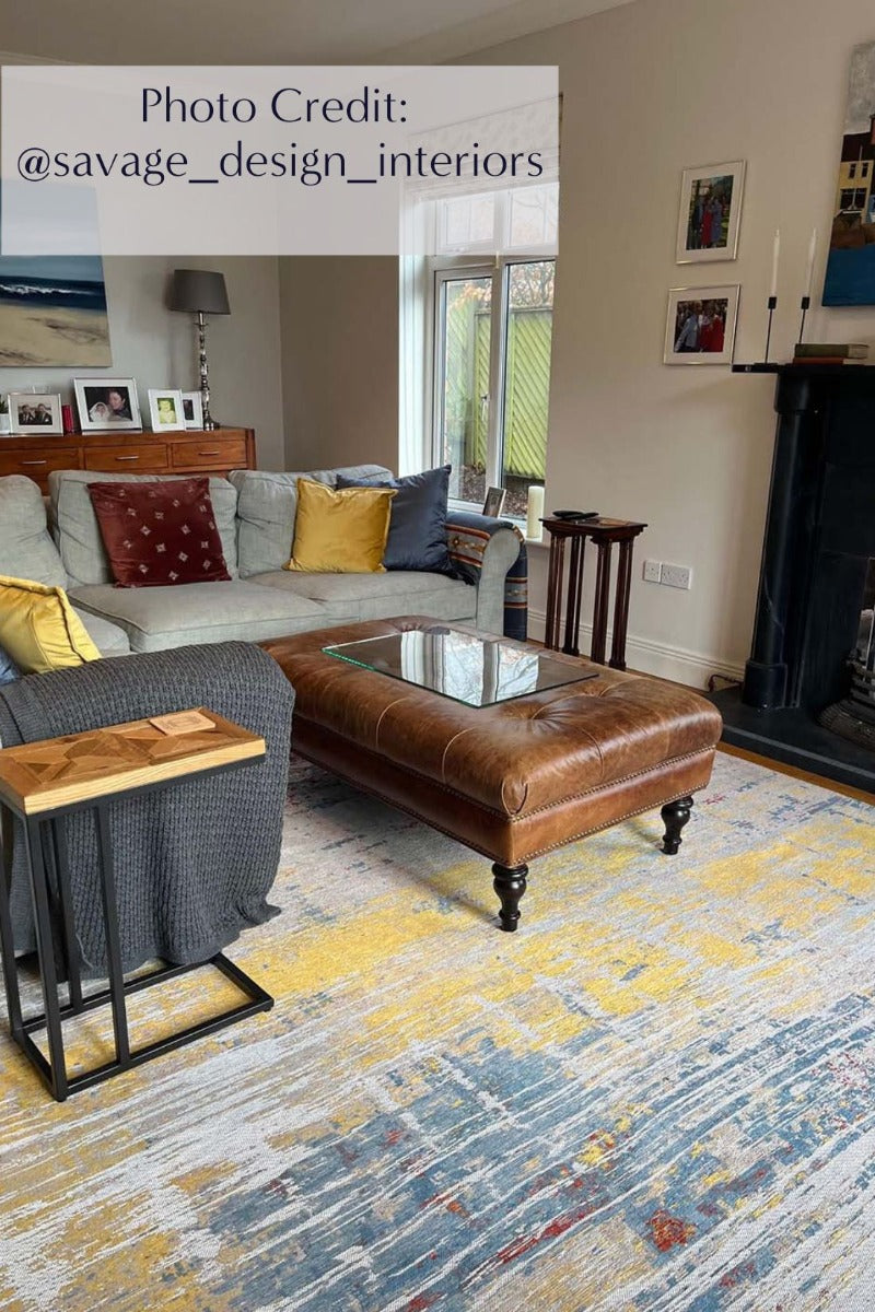 Flatweave rug with abstract stripe design in grey, beige, yellow, red and blue