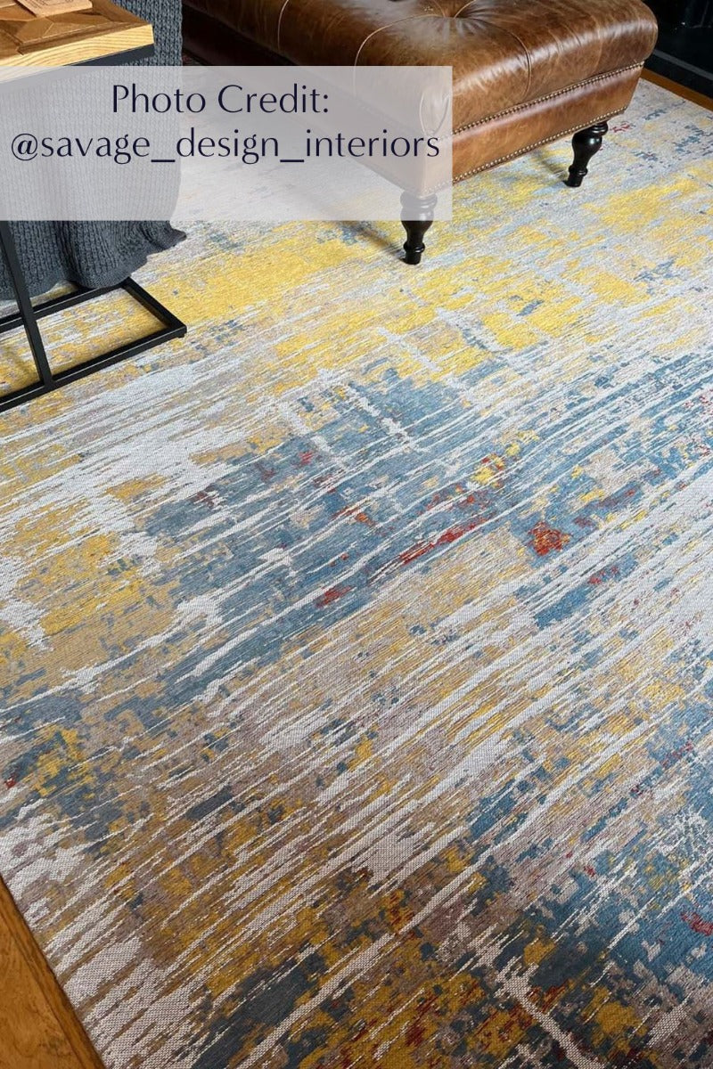 Flatweave rug with abstract stripe design in grey, beige, yellow, red and blue