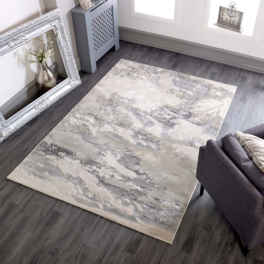 white abstract rug with a marble design