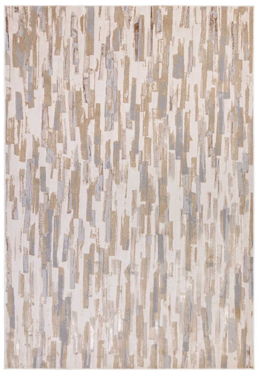 abstract polyester modern rug in beige, grey, gold and silver.