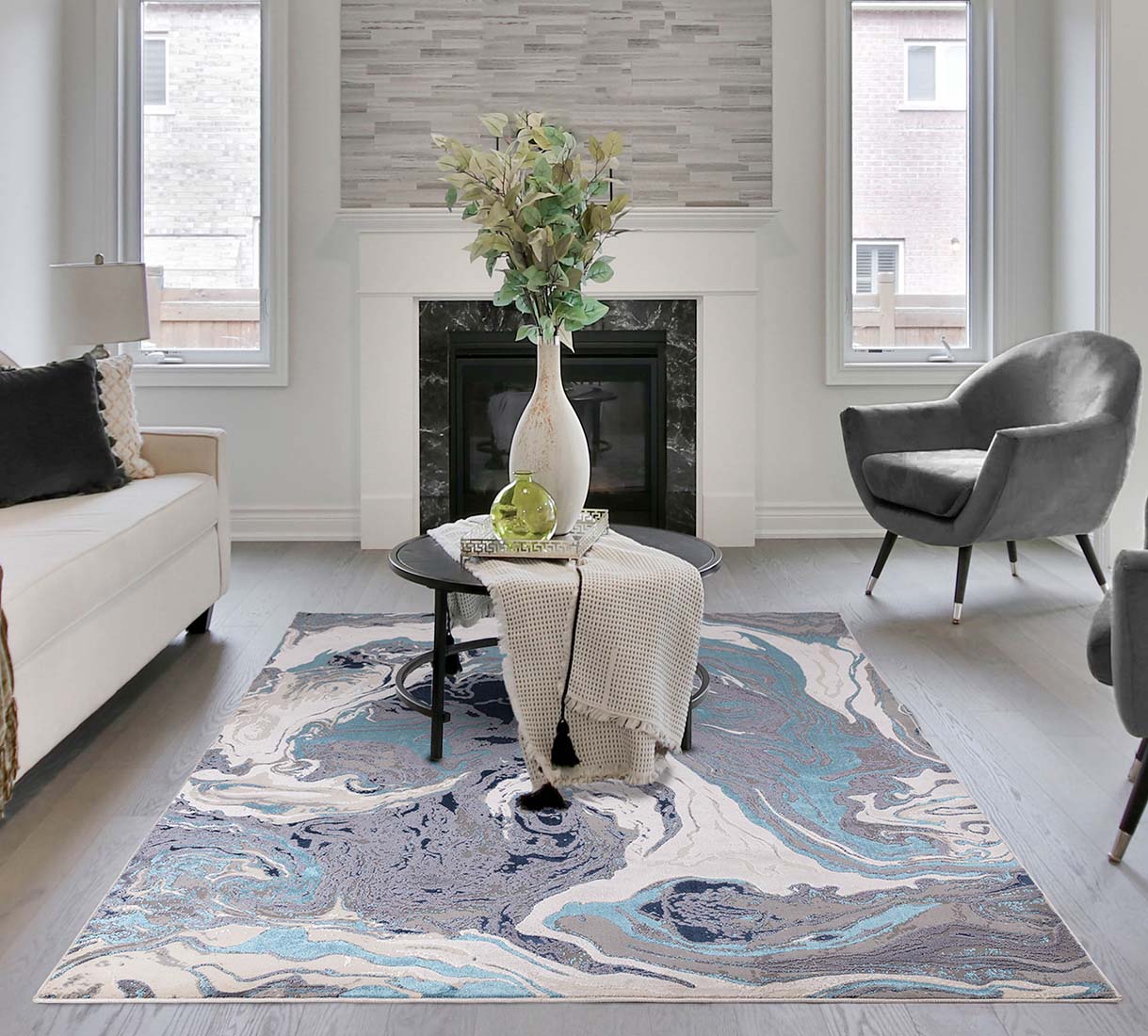 modern abstract blue area rug