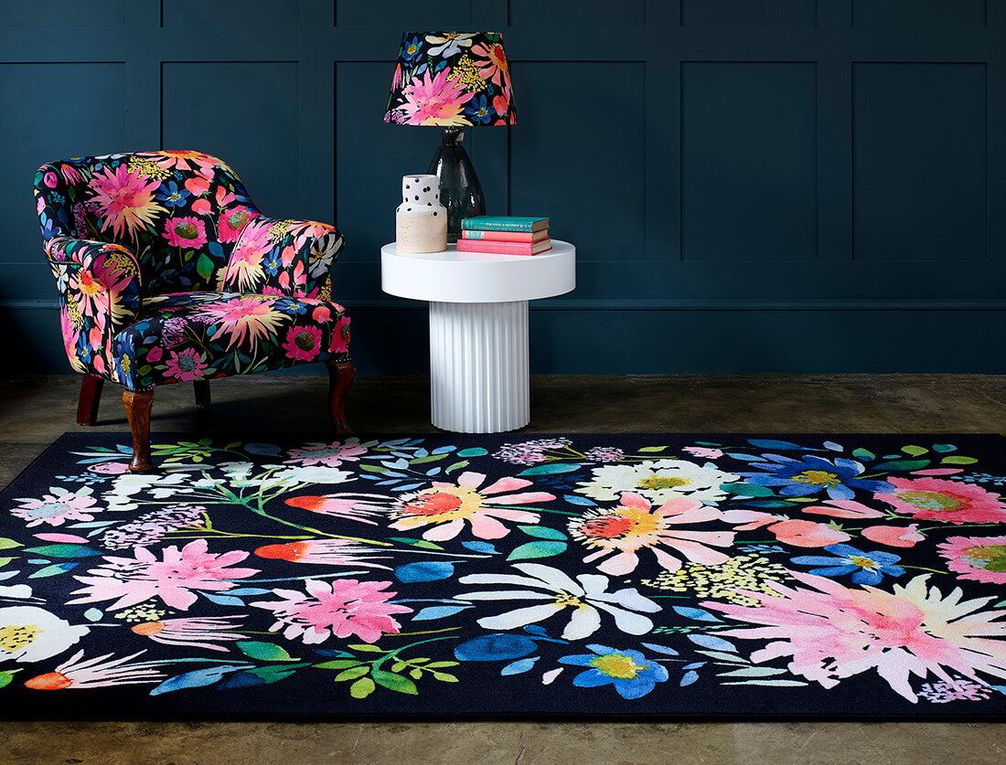 Rectangular Bluebellgray rug with vibrant floral design in multicolour