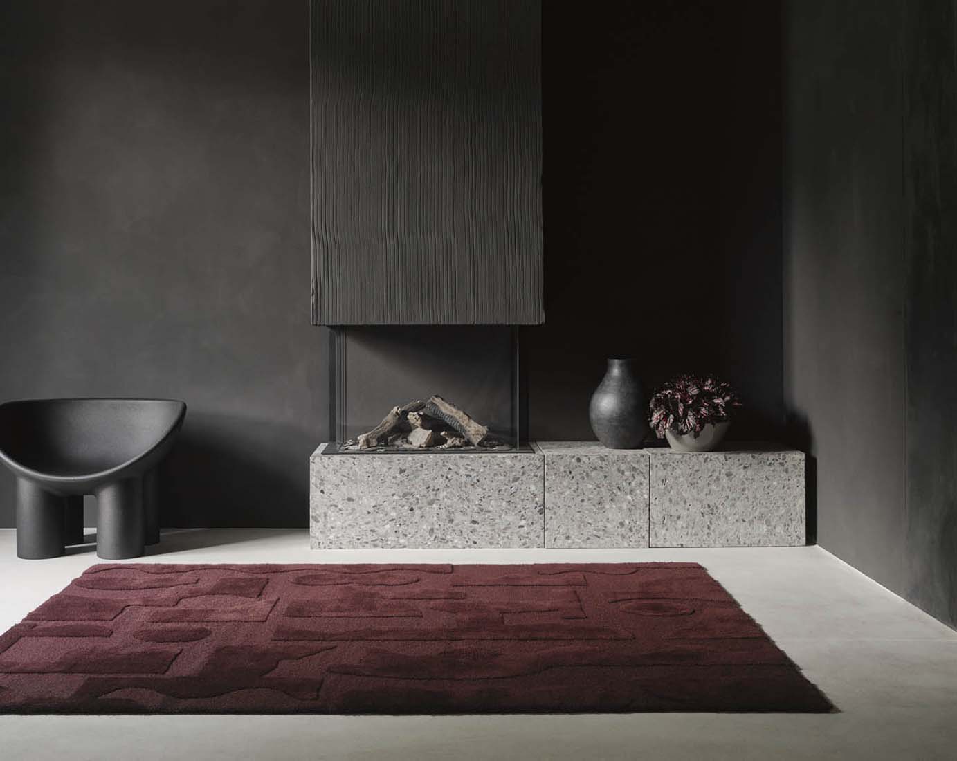 burgundy wool rug with geometric textured design