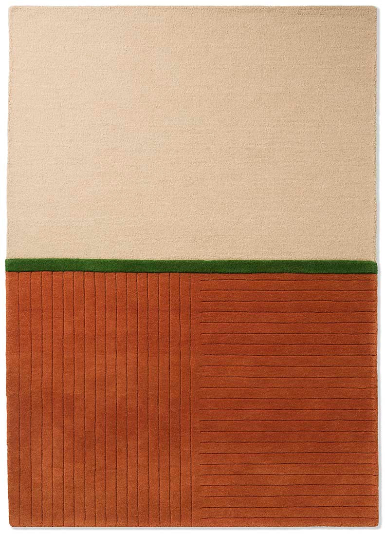 abstract rug in beige, copper and green