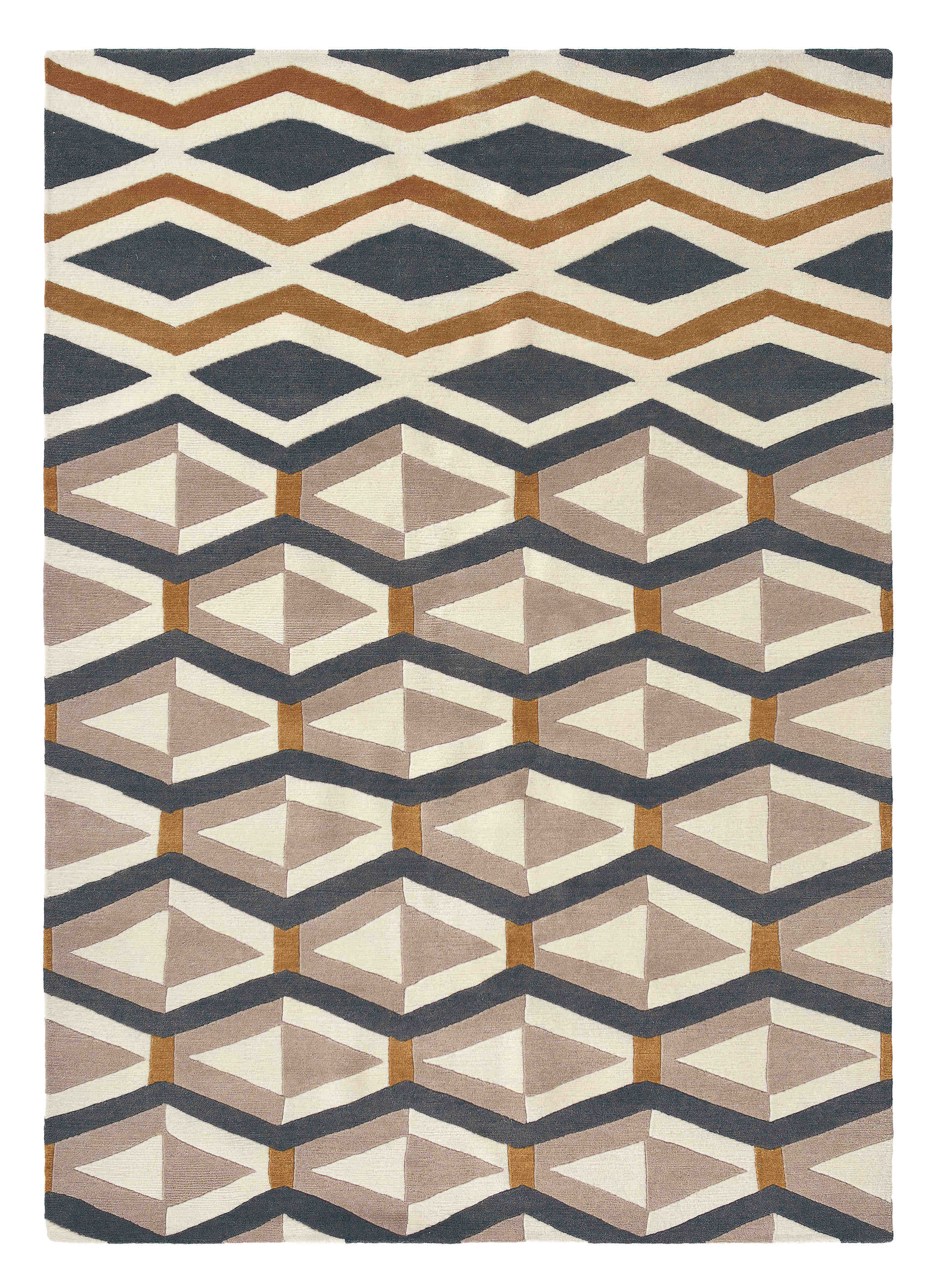 blue and beige brink and campman wool rug with a geometric art deco design