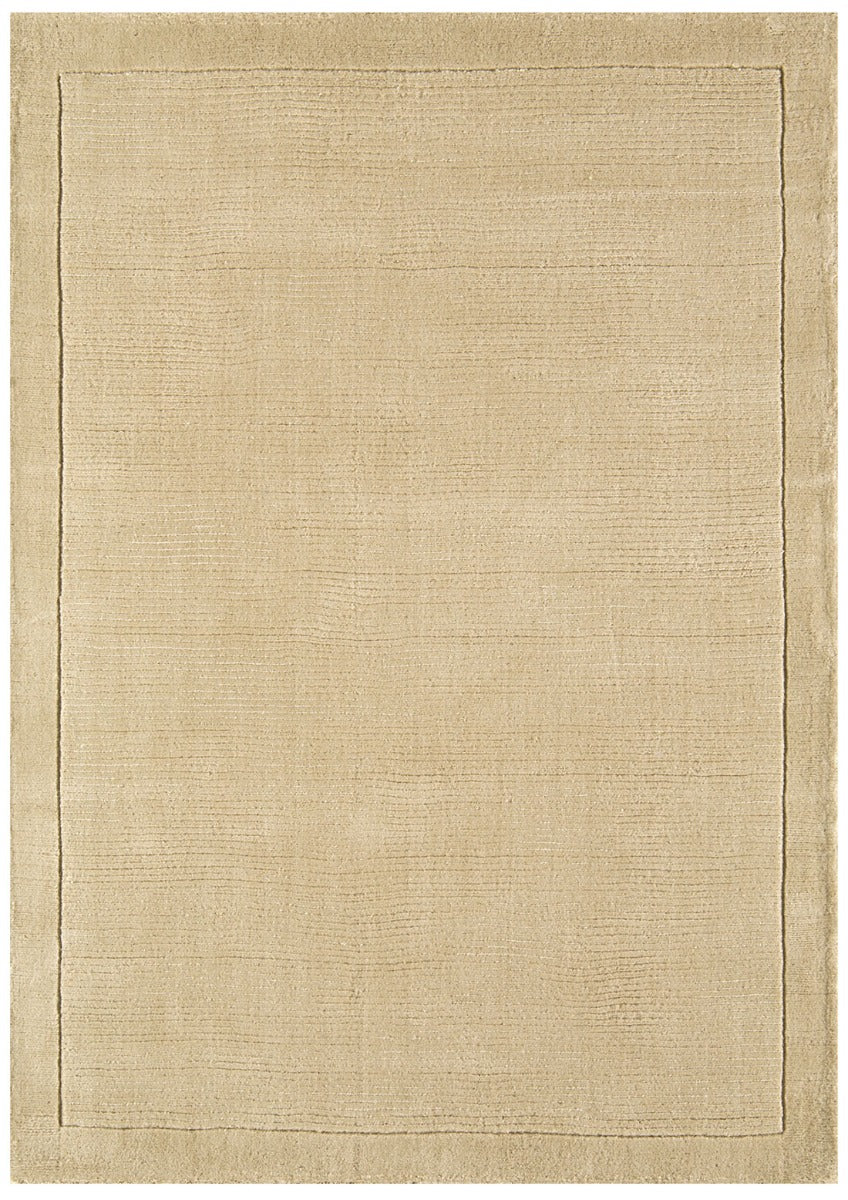 A plain beige rectangle-shaped wool rug with thin border.