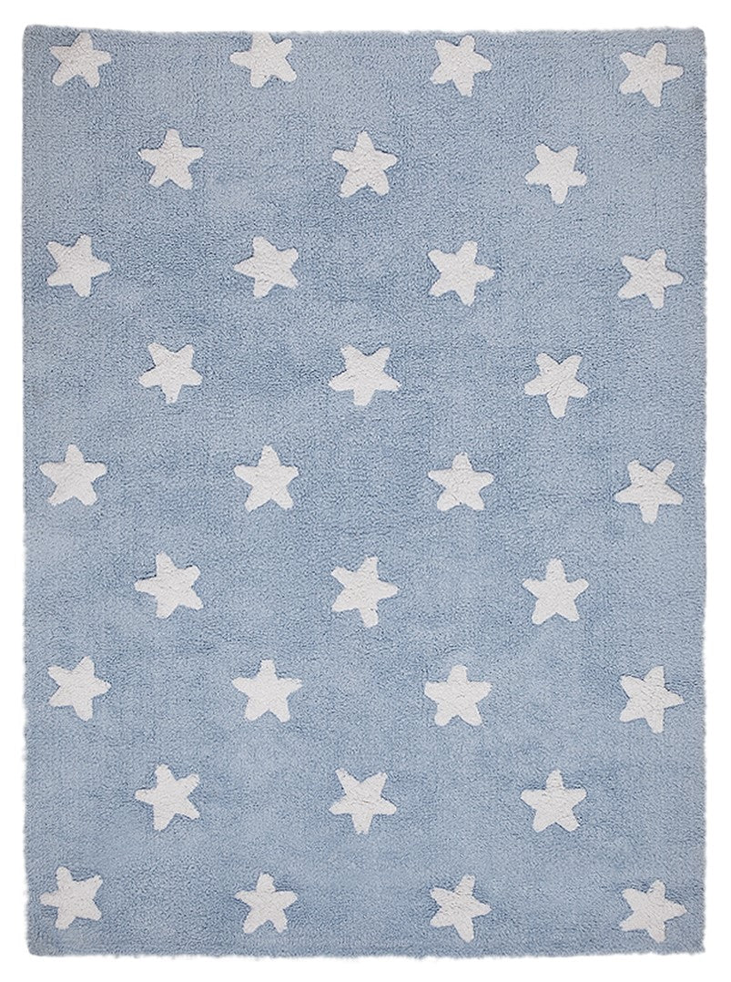 Rectangular blue cotton rug decorated with white stars