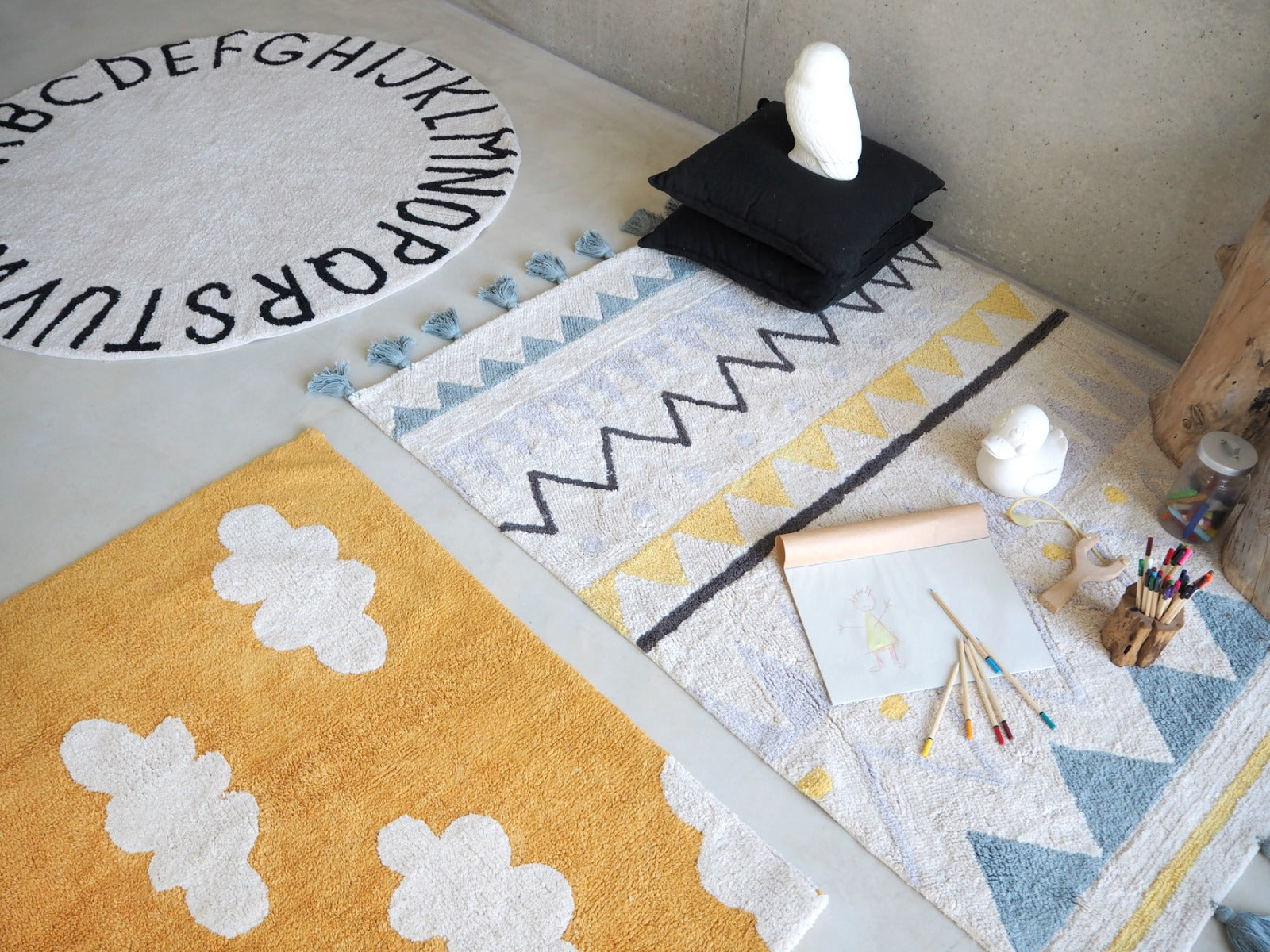 Rectangular natural beige rug with blue