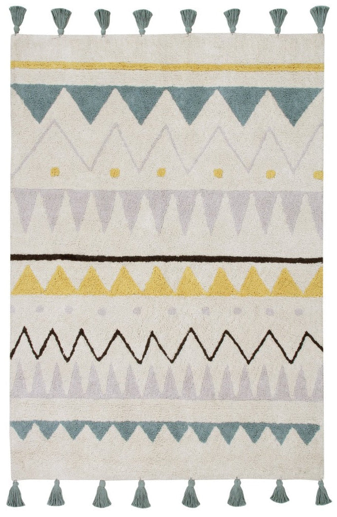 Rectangular natural beige rug with blue, yellow and grey aztec pattern and pink tassel border