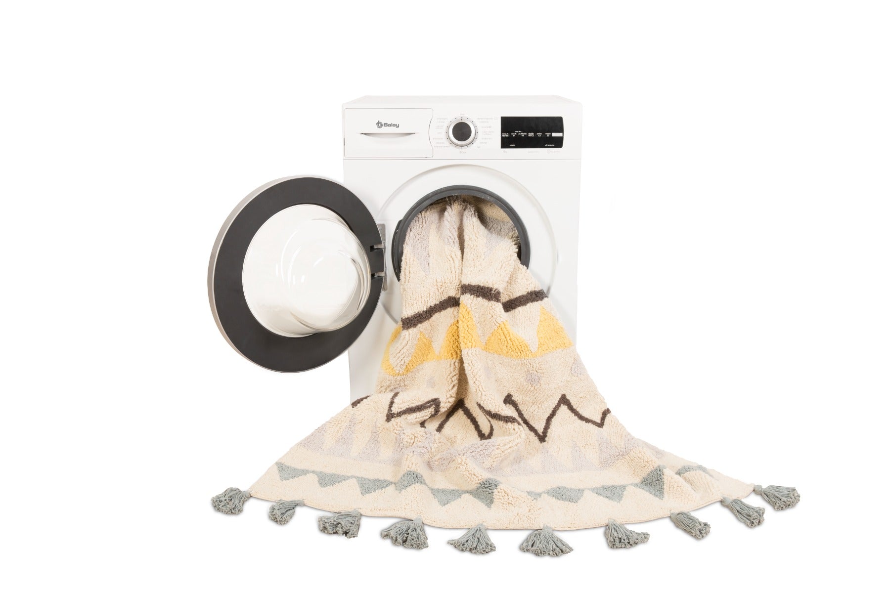 yellow and grey aztec pattern and pink tassel border