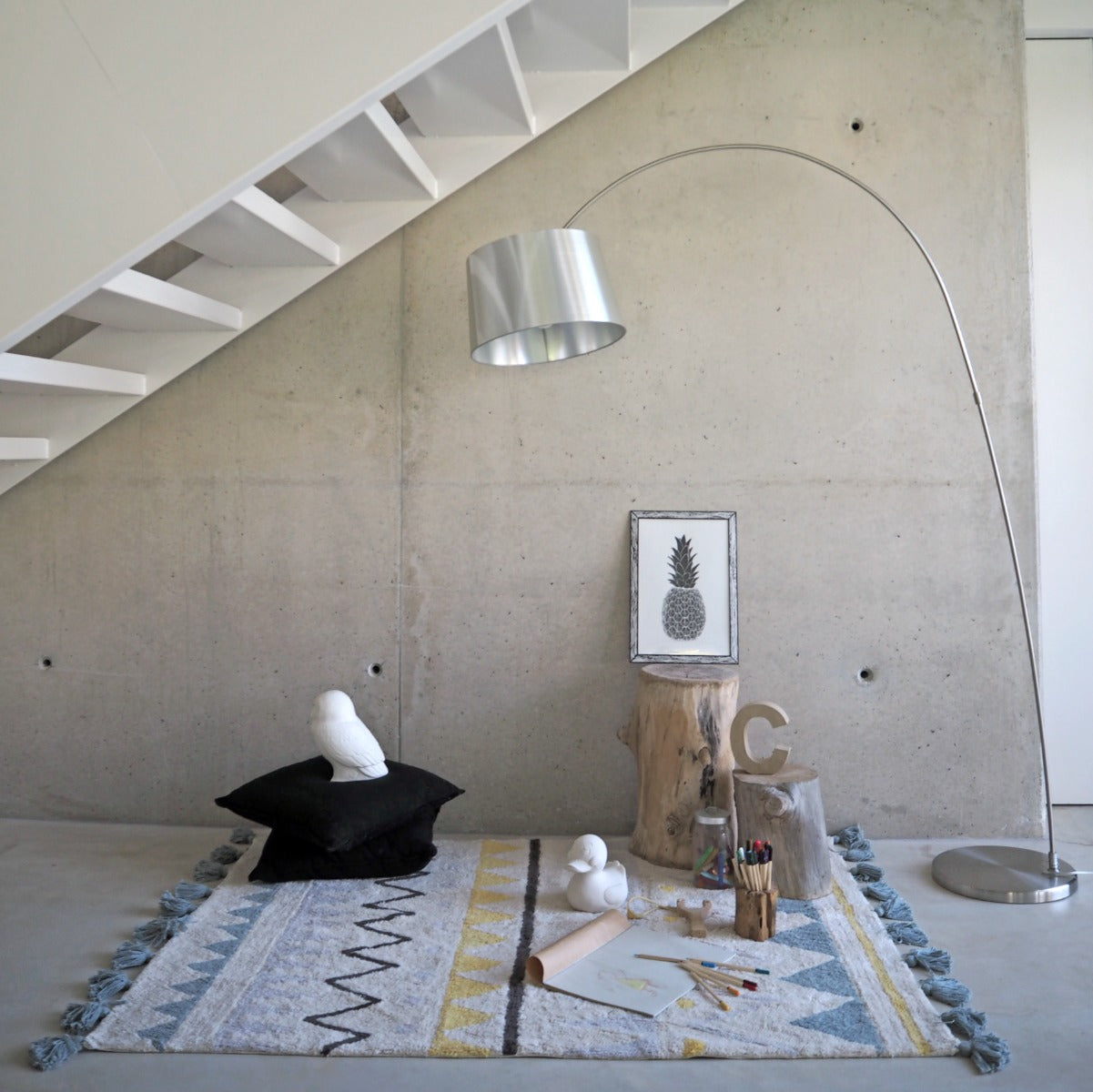 Rectangular natural beige rug with blue