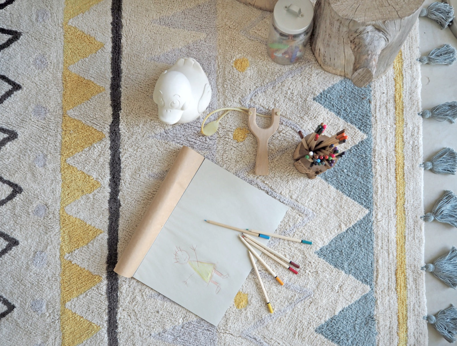 Rectangular natural beige rug with blue