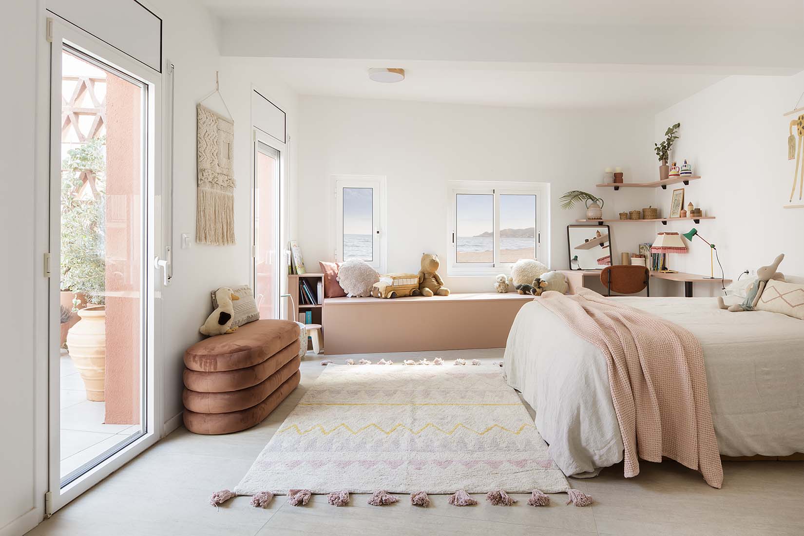 yellow and grey aztec pattern and pink tassel border