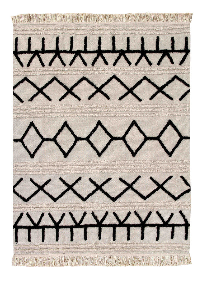 Rectangular beige cotton rug decorated with a black moroccan tribal designs and a fringed border