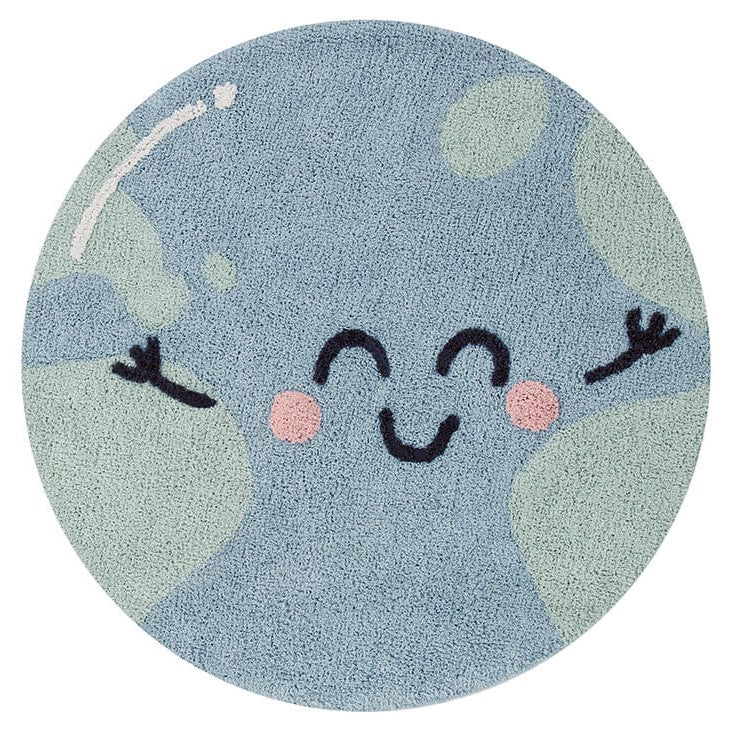 Blue, cotton tufted round rug shaped as a smiling globe